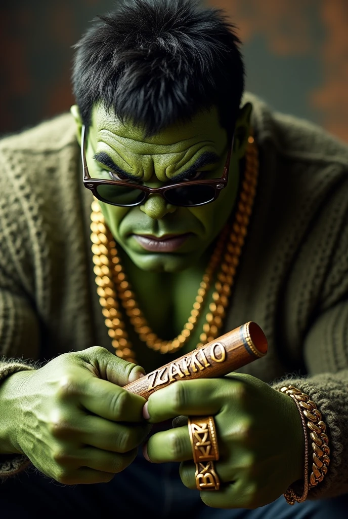 Makes the Hulk look very rich, wearing gemstone rings on both fingers.
and wears a Rolex watch
Wear dark glasses and
Cigar Mouthpiece