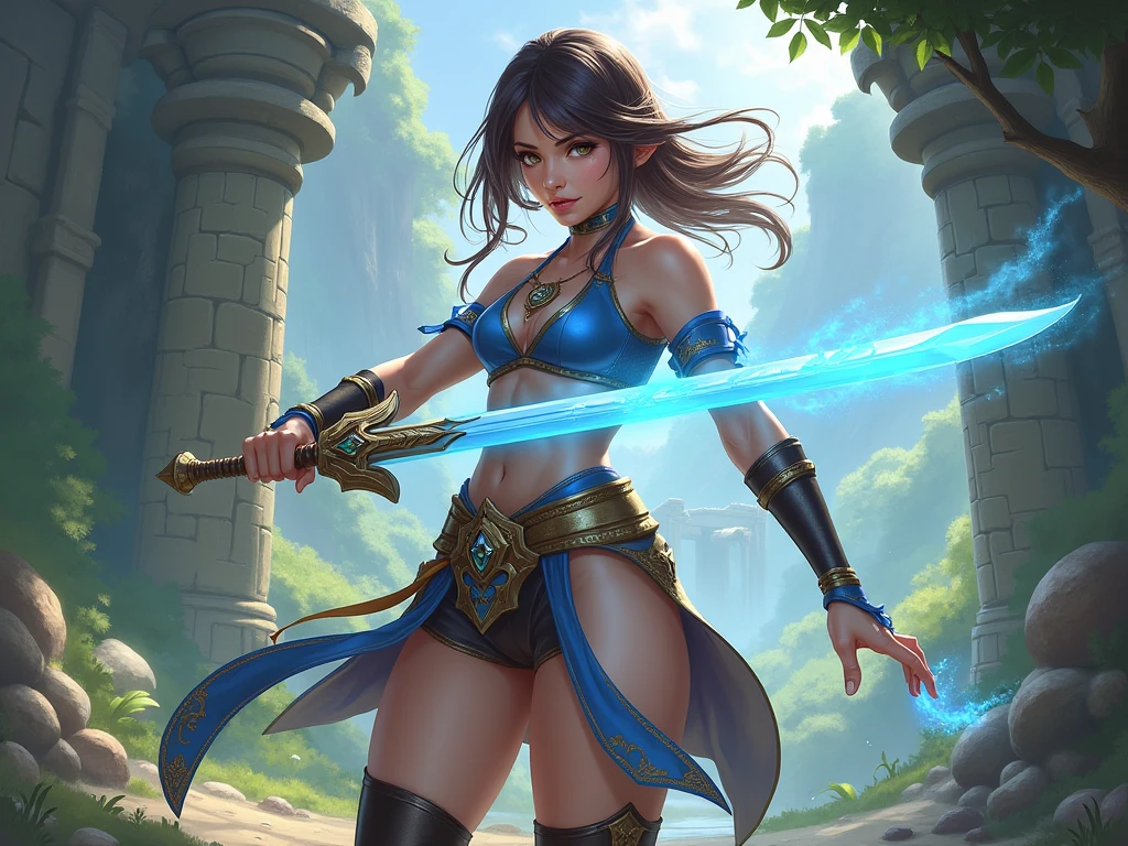 Kizi, in battle stance, standing backwards, a shiny katana (holding it by the handle), very long brown hair, blue colored eyes, skinny, short blue kimono, big-ass, white loincloth (I'm in the shape of a t) with ropes, white lace thigh high stockings, cinematic light, Trees, waterfall, Chinese shrine, blue sky, white clouds,