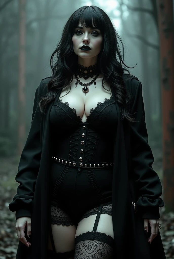 Imagen realista, 8k, calidad ultra, 1girl, 18yr old, teen, thick lips, black lips, nariz repingada, small-nose, ojos claros, ((pale-skin)), cadera ancha, abdomen tonificado, delineado ?????, ojos almendrados, fake tabs, nariz maquillada, piernas gruesas, gothic tattoos, escote, ropa escotada, caderas anchas, thick muscles, crop top bruja, culo grande, Black Thong Gothic style, erotic body, cabello ?????, peinado alisado, fondo de un cementerio, Around there are trees, cementerio tenebroso, faroles iluminando el cementerio, de noche, imagen ultra detallada