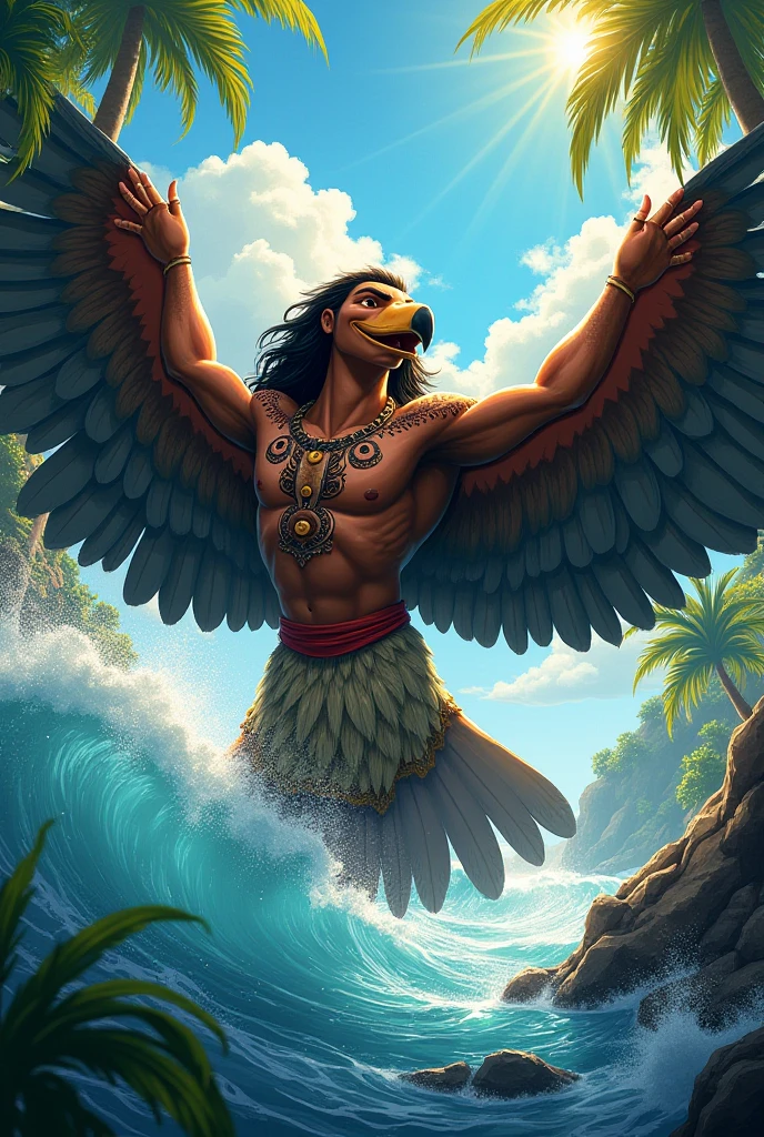 Humanoid character, brown skin, Tupi Guarani amulets, parrot macaw wings, and human body, tall body and covered with feathers, Amazon rainforest scenery, bright colors, 8k quality, cinematic focus, trend in artstation
