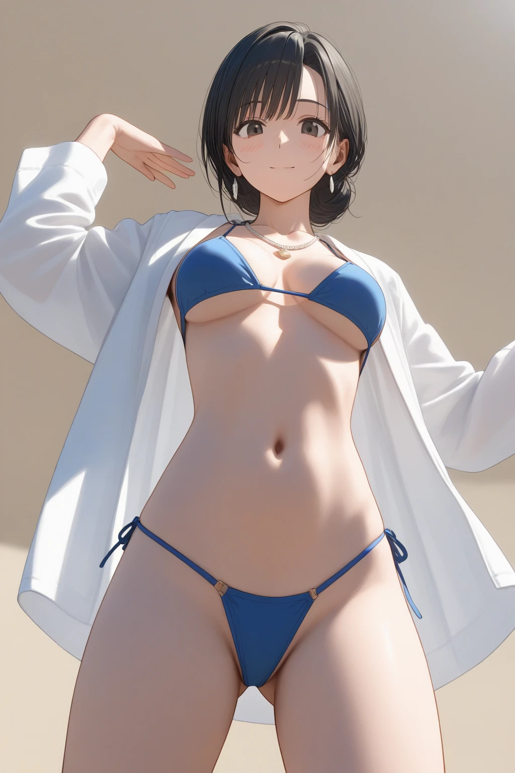 1girl, side-tie panties, breasts, side-tie bikini, choker, solo, cleavage, navel, long hair, potted plant, (large breasts:1.2), thighhighs, indoors, underwear, book, plant, panties, window, looking at viewer, parted lips, black choker, thighs, black legwear, lips, brown hair, patreon username, cowboy shot, watermark, standing, bangs