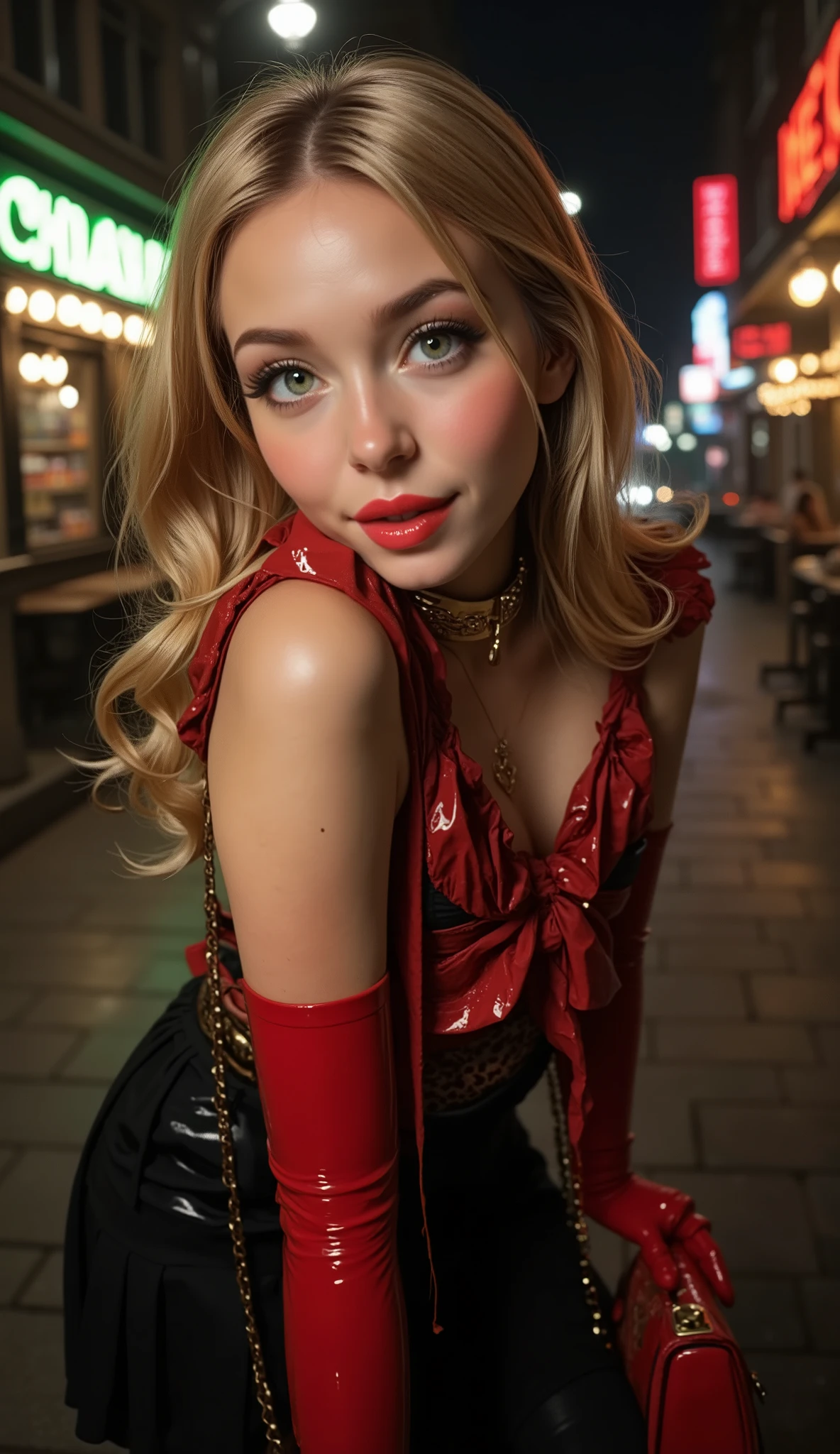  1 nsfw blonde girl with green eyes named Elle .  with clear facial features ,  Big breasts (3 size) superfine girl-  , ( holds a small red gold shiny fashion handbag  )), НОСИТ длинные красные латексные gloves, gloves,  that reach her shoulders ,  latex black stockings ,  20cm red high-heeled platform shoes. she is graceful , (  cumface woman with lots of white cum  , necklace,  sexy smile , толстая черная тушь для ресниц супер  long lashes, sticky , Wet,   cum drips all over her face  ),   Cum here hair and body  ,  cum drips down cum  , lots of sticky  cum, (lots of cum drips down their breasts and body ), she is shy,  Long black hair, dark red lips, heavy makeup, black necklace with a ring,  long lashes, rosy cheeks,  pigtailed hair , thin eyebrows,  stands on a street corner near a cafe ,  nighttime .  creepy, mist and haze outside ,  intricate cafes and street lighting ,   dramatic lighting  , gloves подвязки,  full size photo ,