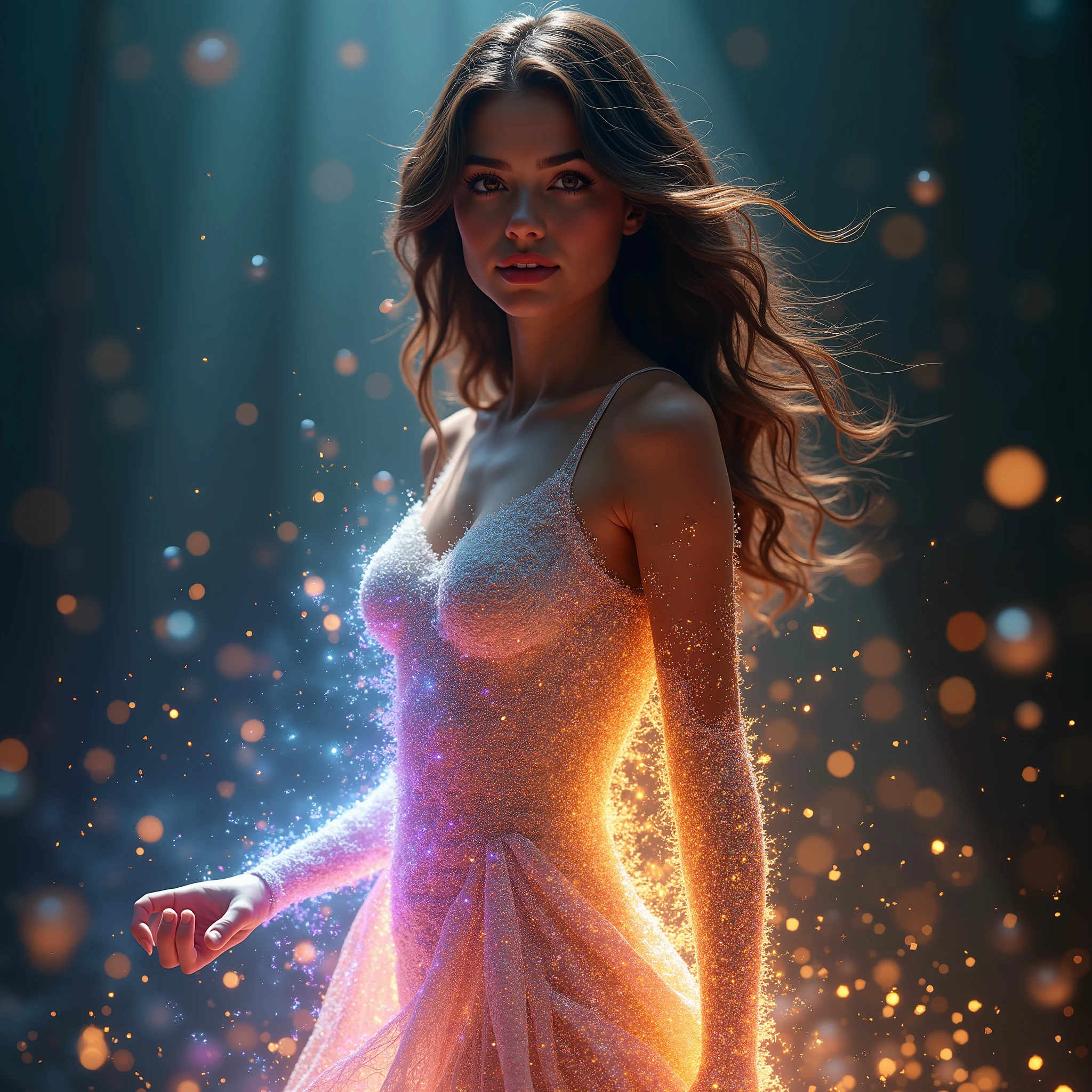 Mix between Selena Gomez and Jenna Ortega, masterpiece, ultra-realistic, 8K. Éliana Morel appears as a surreal yet lifelike figure, her body formed from vibrant, swirling particles while retaining her natural beauty and realistic features.

Scene details:
Éliana stands at the center of a dynamic cloud of multicolored particles, blending realism with ethereal charm. Her figure is partially composed of glowing hues—violet, turquoise, and gold—that shift and flow across her form. Her wavy brown hair remains distinctly defined, cascading softly as particles trail off its edges. Her hazel eyes, vivid and full of emotion, stand out as strikingly human amidst her ephemeral transformation.

Posture:
Éliana stands tall, her body angled gracefully as though mid-turn. One arm is extended forward, releasing a stream of particles into the air, while the other rests near her side. Her head tilts slightly, and her expressive gaze captures both strength and serenity, grounding her ethereal form in realism.

Ambiance:
The scene is set against a dark, softly glowing background that fades from deep blues to golden highlights. Light beams break through, illuminating Éliana and creating depth in the swirling particles. The atmosphere feels alive, with floating specks of light subtly moving around her, enhancing the sense of motion and energy.

The particles shift and shimmer with a natural, lifelike quality, glowing softly as they detach and float into the air. Her hair, while realistic, blends seamlessly into the dynamic flow of the particles, creating a balance between her human form and the surreal magic surrounding her. Trails of color ripple outward with her slightest motion, subtly altering the environment around her.

Ultra-realistic photography, 8K resolution, HDR rendering. Éliana’s wavy brown hair, glowing hazel eyes, and realistic features are beautifully juxtaposed with her flowing, colorful particle form, creating a stunning blend of surrealism and lifelike detail.