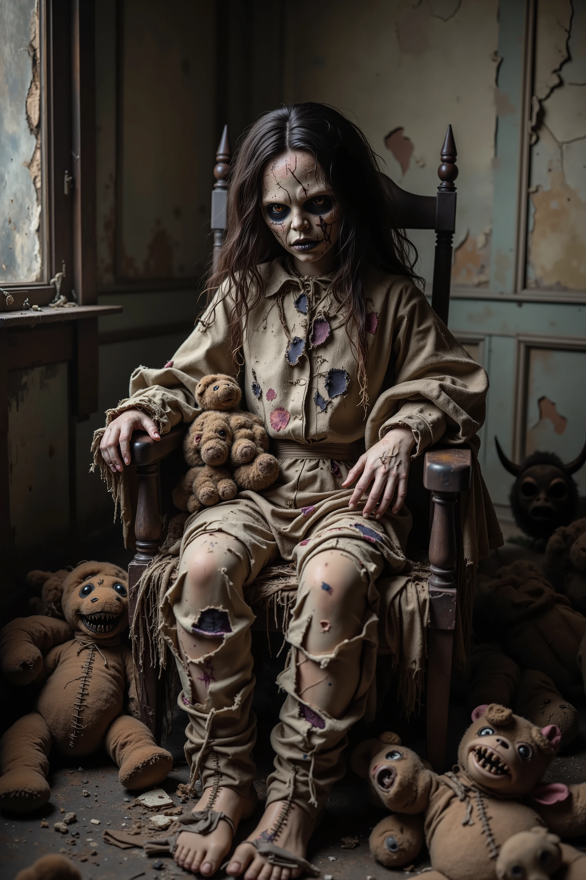 Lost in a sea of dispair and agony, a filthy disheveled morbid doll sits in a rocking chair in an old dirty bedroom with walls falling apart. Patches of dark hair on it's head it is made of torn, filth stained fabric, coming apart at the seams. It sits with its head in a swamp of sadness. In contrast, smaller stuffed animals try to cheer up the melancholy doll. They smile and clap their hands trying to shake the dolls empty stare. Startling scene. Horrific evil doll with devil eyes. A sad scene, with a touch of hope in sight. Macabre. Demonic, creepy doll. Iconic images. Depressing scenes. Photo-realistic, ultra-detailed, realism, portrait photography,cinematic portrait, cinematic photography, UHDR, full focus, highest quality, cinematic lighting, attention to detail,optical illusions, unique, cinematography, best quality, masterpiece.