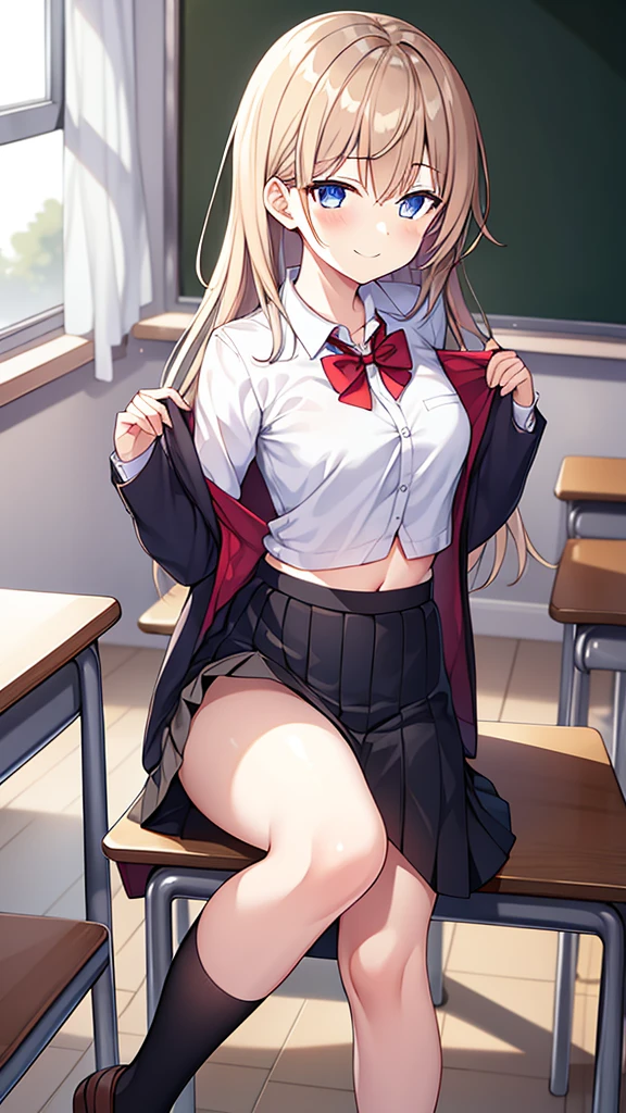Blonde with blue eyes,Deferred expression,JK campus highest quality,masutepiece,fullnude,look down on, Upper body,Strands of hair,Classroom,tiny chest、Take off your uniform, Bow, Red bow, Long sleeves, Shirt, Collared shirt, Skirt, Pleated skirt, Black skirt, tiny chest、looking at the viewers, BREAK (masutepiece:1.2), Best Quality, High resolution, Unity 8k壁纸, (Illustration:0.8), (Beautiful detailed eyes:1.6), extra detailed face, Perfect Lighting, extremely details CG, (Perfect hands, Perfect Anatomy),A smile、(Skirt lift:1.3), (Strawberry print panties:1.3)、(Skirt that rolls up:1.3)、(Fully exposed panties:1.5)