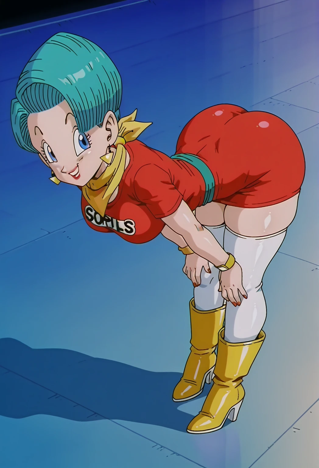 source_anime, score_9, score_8_up, score_7_up, anime screencap,
Buu saga, bulma, 1girl, solo, breasts, looking down, ashamed, short hair, aqua hair, blue eyes, crouching, spreading legs, yellow scarf ,red dress, ((pussy)),((skirt lift)), sexy, thick thighs, horny, blushing,((close up)), (bedroom)