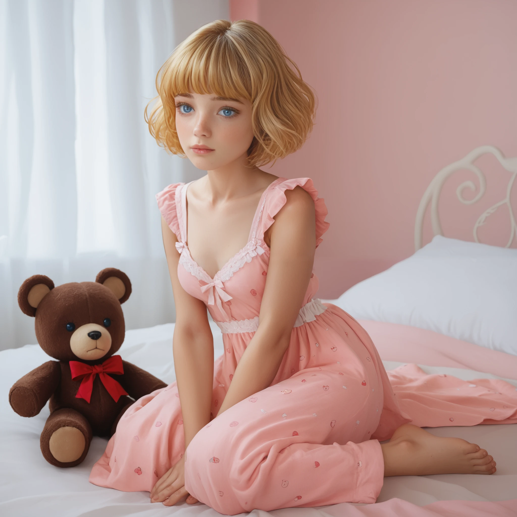 a young girl, Long dress in pink pajamas 、 Full image of one holding a teddy bear , blue eyes、 Light pink room in the background 、 short hair, mystery,bow hair, full body costume ,bed in the background 、 Blue eyes and short hair ,Beautiful women's room , linda, fofo, hair fringe ,penteado babydoll, blonde looking at the camera 、 A cutie in a long red dress and holding a teddy bear is surrounded by a black teddy wolf in the background.、 Full image of the 、smaller breasts、 Closed windows
Make the entire image fit the frame 。