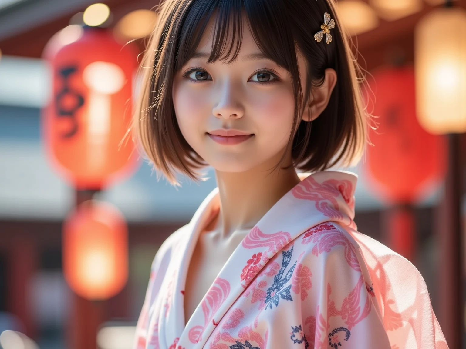 One Girl, Light pink Japanese yukata、geta、Festivals、stall、Old House、light、alley、night、Short Hair、bangs、A large pink monochromatic flower pattern on a yukata、Very cute face、Very cute smile、night、depth of field, first-person view, f/1.8, 135mm, Nikon, UHigh resolution, retina, masterpiece, Accurate, Anatomically correct, Attention to detail, Super Detail, high quality, 最high quality, High resolution, 1080P, High resolution, 4K, 8k