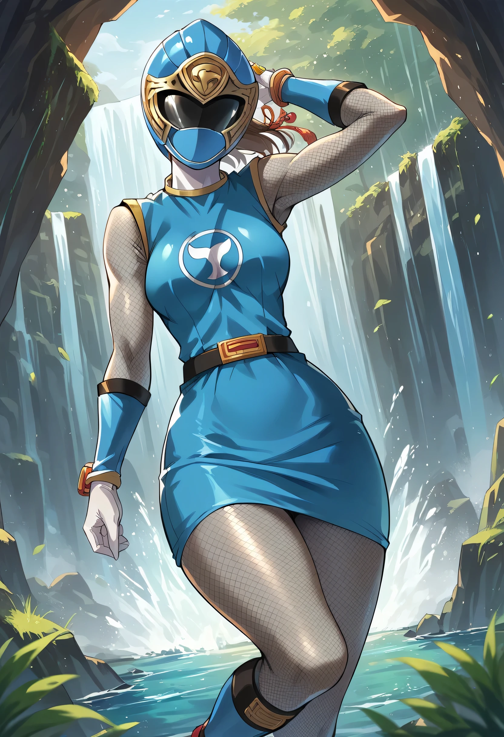 1girl, solo, super sentai, ninja, short dress, sleeveless, fishnets, Fishnet Pantyhose, fishnet armwear, skirt, belt, gloves, helmet, visor, source_anime, masterpiece, jump, waterfall