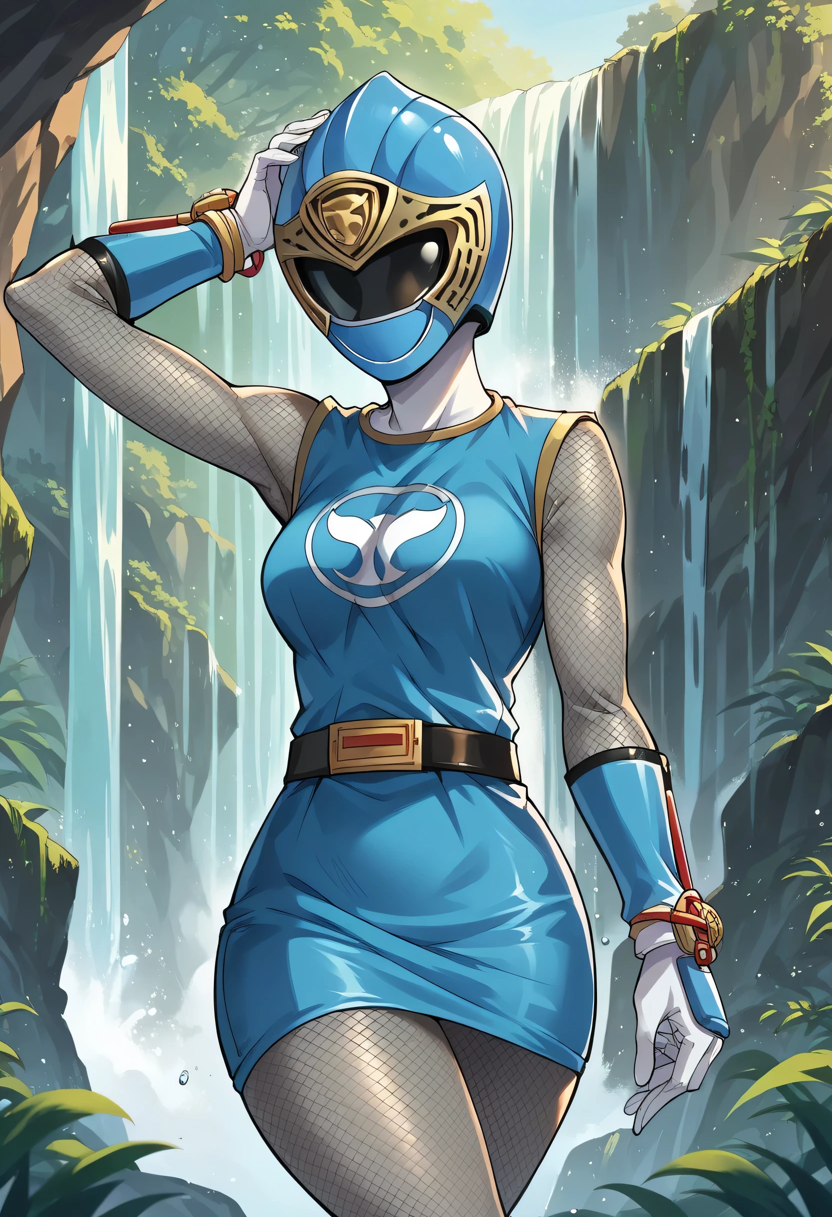 1girl, solo, super sentai, ninja, short dress, sleeveless, fishnets, Fishnet Pantyhose, fishnet armwear, skirt, belt, gloves, helmet, visor, source_anime, masterpiece, jump, waterfall
