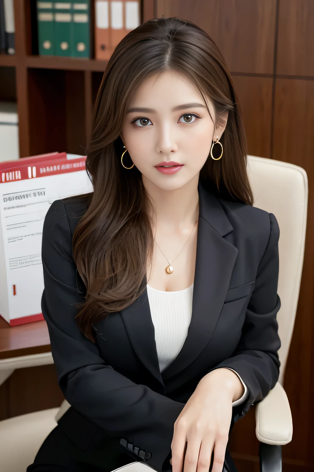 Arafed woman in a black suit sitting in a chair - SeaArt AI