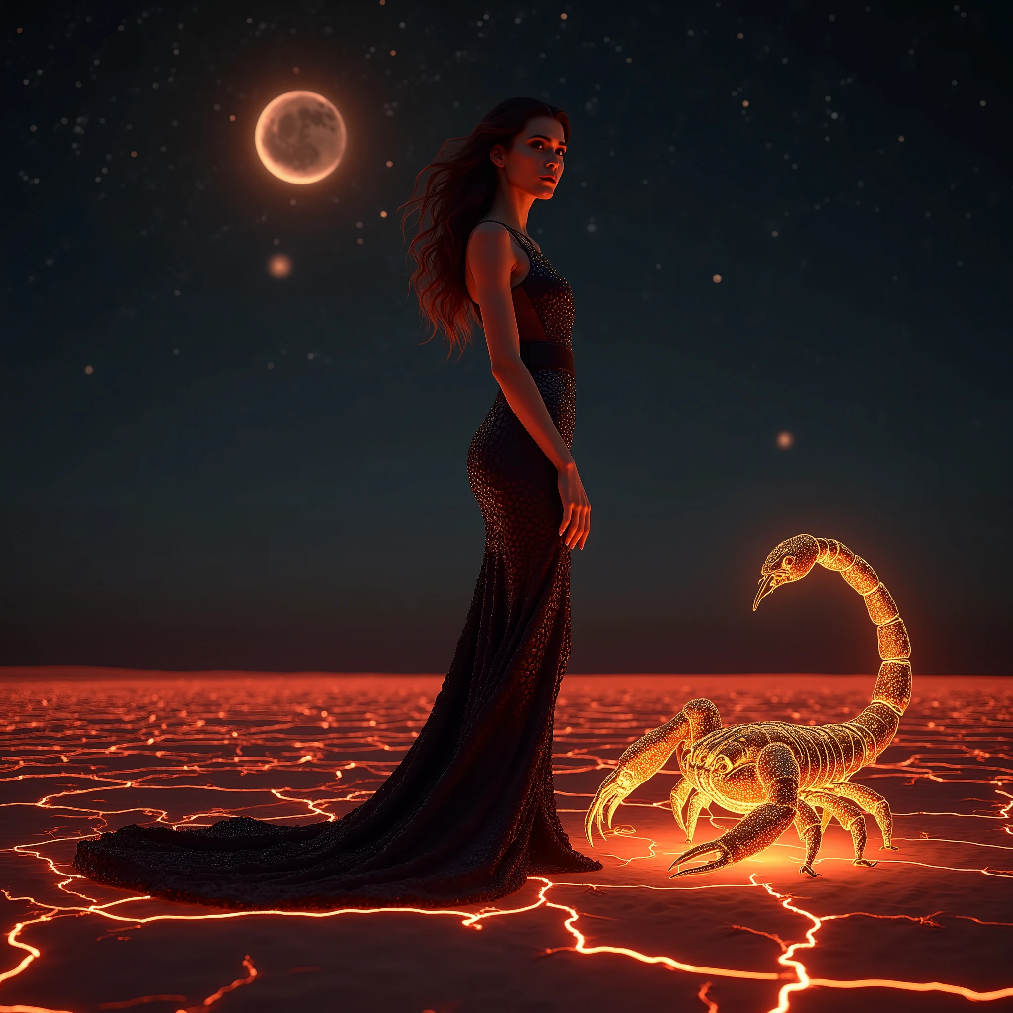 Mix between Selena Gomez and Jenna Ortega, masterpiece, ultra-realistic, 8K. Éliana Morel channels the enigmatic and powerful energy of Scorpio, standing in a mesmerizing cosmic desert filled with celestial intensity.

Scene details:
Éliana stands alone in a vast desert under a dark, starlit sky. The Scorpio constellation glows vividly above her, its tail curving protectively over her figure. The cracked, glowing earth beneath her feet radiates deep crimson veins, as if alive with hidden power. Beside her, a celestial scorpion with glowing golden armor and a fiery tail coils at her side, its presence both fierce and majestic.

Posture:
Éliana stands tall, her body slightly angled, exuding quiet strength. Her hazel eyes, sharp and reflective, gaze toward the horizon, illuminated by the crimson glow. Her wavy brown hair flows freely, catching the light of the constellation. She wears a sleek, dark gown with shimmering scarlet and gold accents, its design resembling the elegant curves of a scorpion’s form. One hand reaches gently toward the celestial scorpion, while the other rests confidently by her side.

Ambiance:
The atmosphere is intense yet captivating, with hues of deep red, black, and gold dominating the scene. The Scorpio constellation casts soft, pulsating beams of light, creating dramatic shadows across the desert floor. Faint echoes of whispers and a low hum of cosmic energy heighten the scene’s mysterious allure.

Magical elements:
The celestial scorpion glows faintly, its movements leaving trails of golden sparks. Éliana’s steps activate fleeting Scorpio symbols on the ground, glowing briefly before fading into stardust. Her gown shimmers as if infused with cosmic energy, amplifying her commanding and enigmatic presence.

Parameters:
Ultra-realistic photography, 8K resolution, HDR rendering. Éliana embodies Scorpio with fierce elegance, merging celestial mysticism and intense beauty in a stunning cosmic vision.