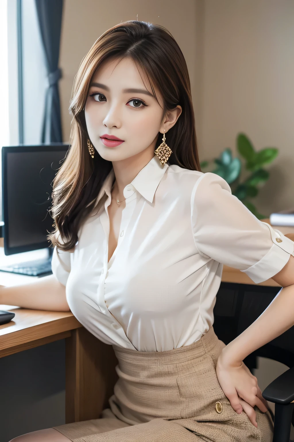 (1 Beauty), beautiful, Great face and eyes, cosmetics, (Extremely delicate beautiful face), (Sexiest Looks), (beautiful big breasts:1.1), (Highest quality:1.4), (Super detailed), (Very detailed CG synthesis 8k wallpaper), Very detailed, Original photo, Professional photography, ((suit)), (Tight Skirt), (Open collar business shirt), Outdoor, ((Night Forest)), (Night Sky), Depth of written boundary