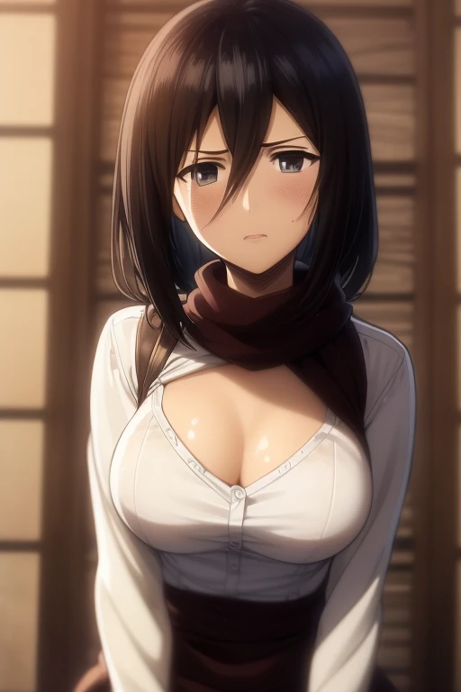 Mikasa Ackerman, wearing a red scarf, orange ODM gear, leaning forward, medium breasts, Gorgeous, beautiful anime girl, perfect quality