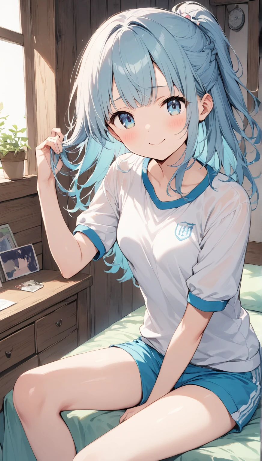 photorealistic, (4k), depth of field, (Masterpiece), (realistic skin texture), extremely detailed, intricate, hyper detailed, professional photography, bokeh, high resolution, sharp detail, best quality, girl, long hair, aqua hair, blunt bangs, blue eyes, dynamic pose, black baggy graphic tshirt, dolfine shorts, booty shorts, beautiful thighs, colarbone, indoors, (facing viewer), looking at viewers, large breasts,kasumi, miwa, kasumi miwa, downblouse, mouth slightly open, smiling, hourglass shape, black shirt, 3\4 body shot, sitting cross legged on couch, legs crossed, arms up, hands on head , hair tie in mouth, ponytail, hair tie, tying hair back, large hair tie hanging from mouth, soft lips, delicate lips, shiny lips, natural lips, short sleeve