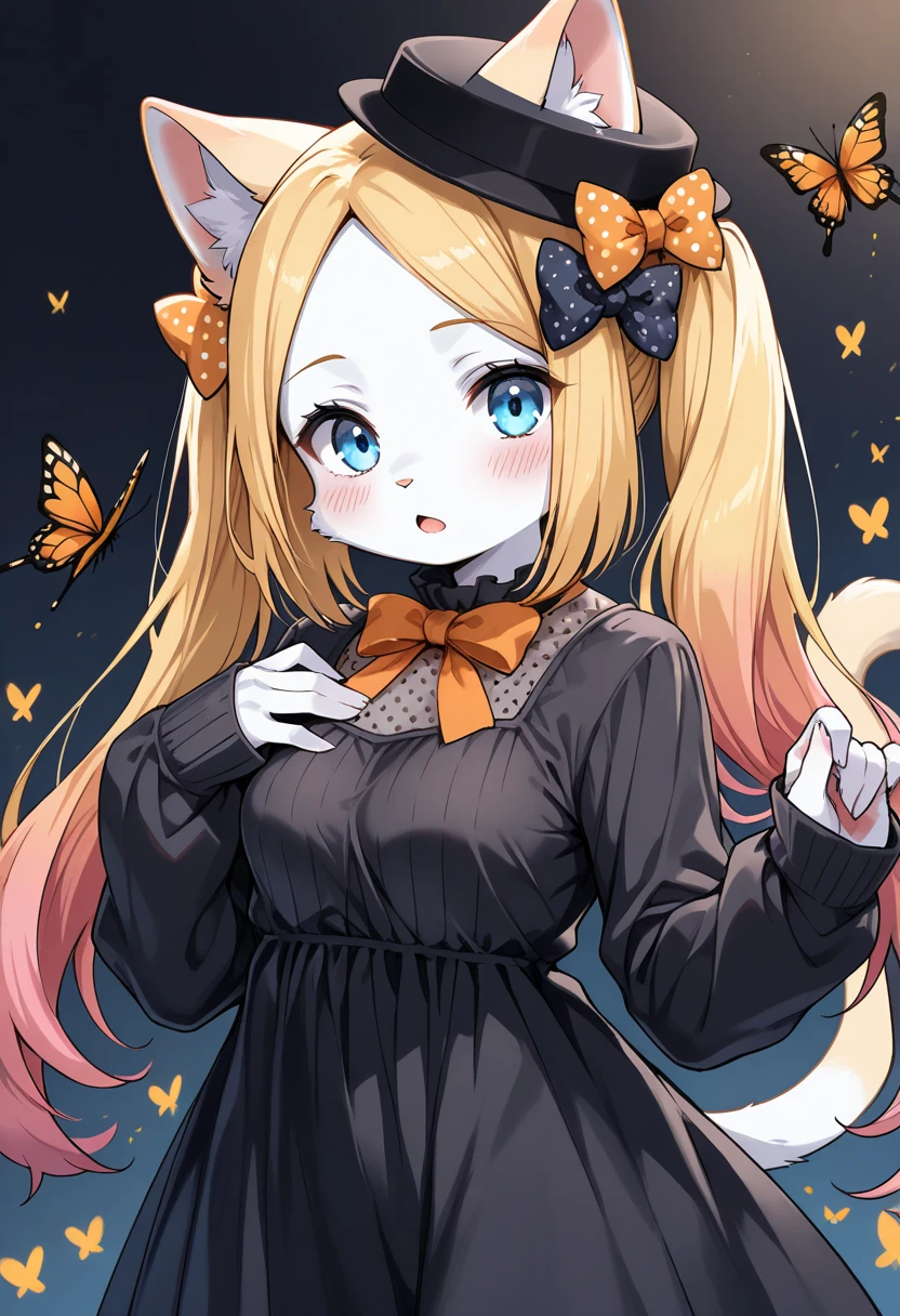 1 girl,, crotch cutout, crotchless, , kitten, standing alone ,, breasts big, blush, black pants, bare arms, butterfly necktie, strapless, neckleace,