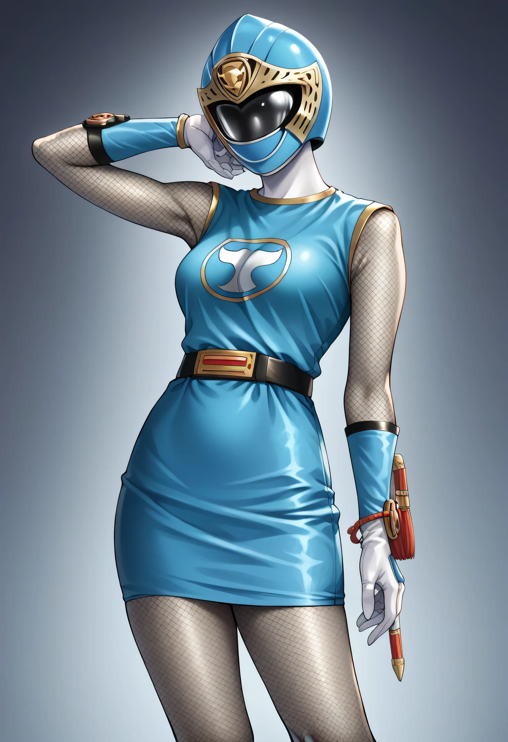 1girl, solo, super sentai ninja, short dress, sleeveless, fishnets, fishnet pantyhose, fishnet armwear, skirt, belt, gloves, helmet, visor, source_anime, masterpiece, smile, detailed face, beautiful detailed eyes, beautiful detailed lips, extremely detailed face, longeyelashes, photorealistic, 8k, hyperrealistic, cinematic lighting, vivid colors, dynamic pose