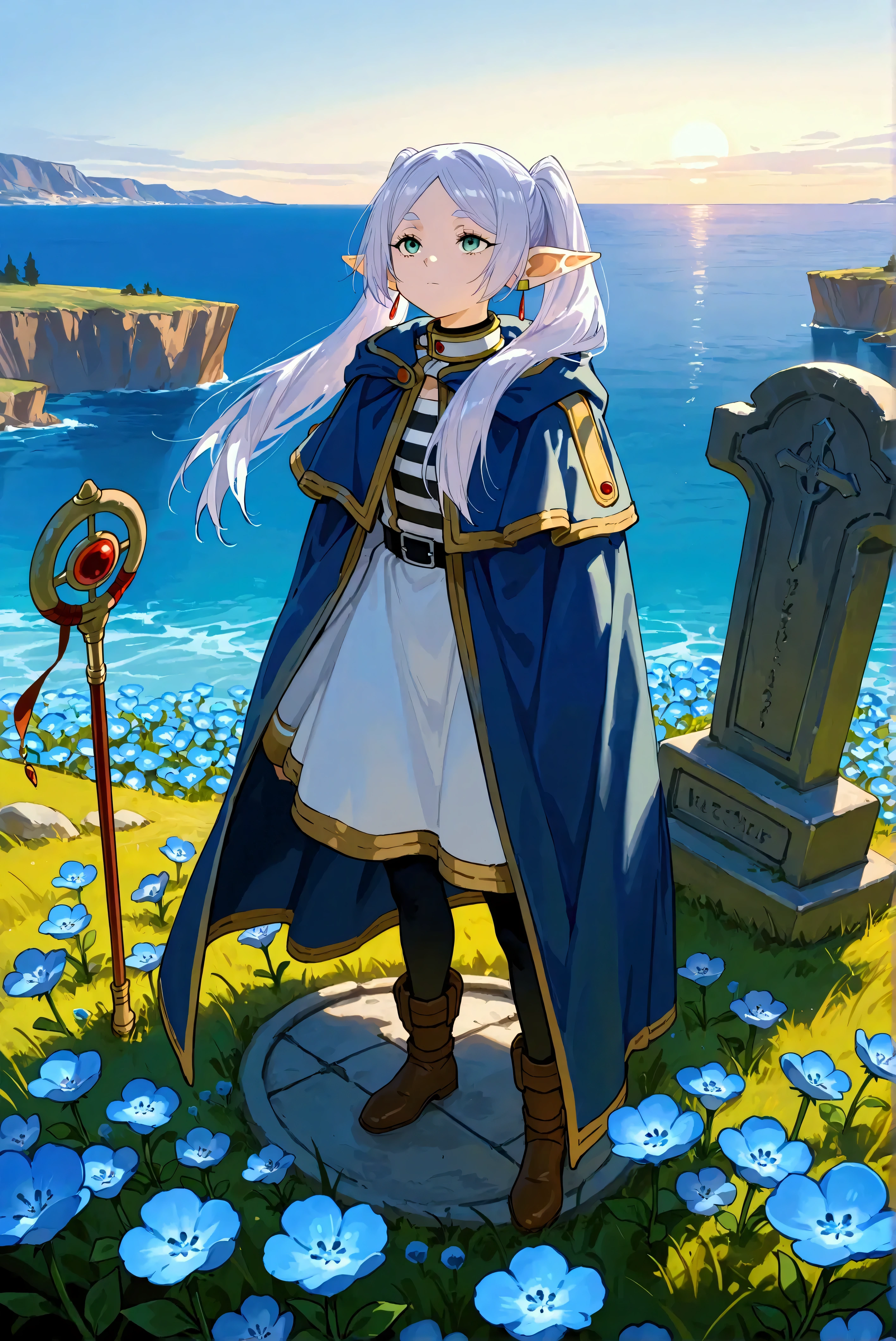 Illustration, romantic scene in a Sea Cliff,1girl\(frieren, expressionless,front view\), girl standing gracefully, girl looking at the sky, her hair flutters in the wind,outfit and flowing cape that combine adventurer and aristocrat style,background\(1 small stone grave stand behind girl, in the middle of a grassy plain on a cliff overlooking the sea, surrounded by nemophila flowers\), (Looking up at her from the ground:1.3),masterpiece, best quality, 8k, highres, ultra-detailed,HDR, UHD,