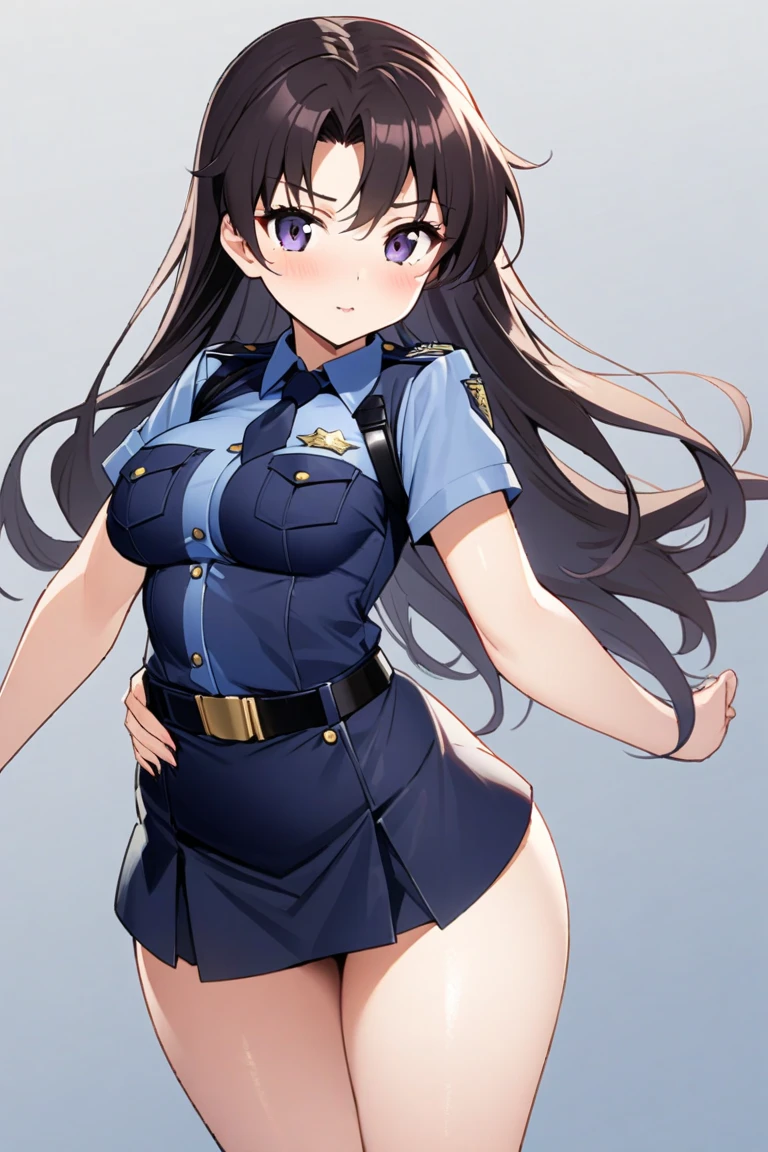 (masterpiece), (best quality), (high res),1girl, tall body, ((long hair, jet black hair)), (hazel eyes) beautiful detailed eyes, beautiful detailed face, cute face, perfect hands, complete fingers, perfect anatomy, perfect proportions, ((hat, black police hat)), ((leotard, matching leotard, bare legs)), ((boots, matching boots)), breasts, medium breasts, fingerless gloves, (full body portrait), looking at viewer, solo, solo focus, police uniform, cowboy shot, (belt, tight belt), (armbands, white sleeves), serious, crossed arms, full body costume design. ahoge, she spins at an incredible speed, creating a whirlwind of air around her, spins fast in place like a tornado.