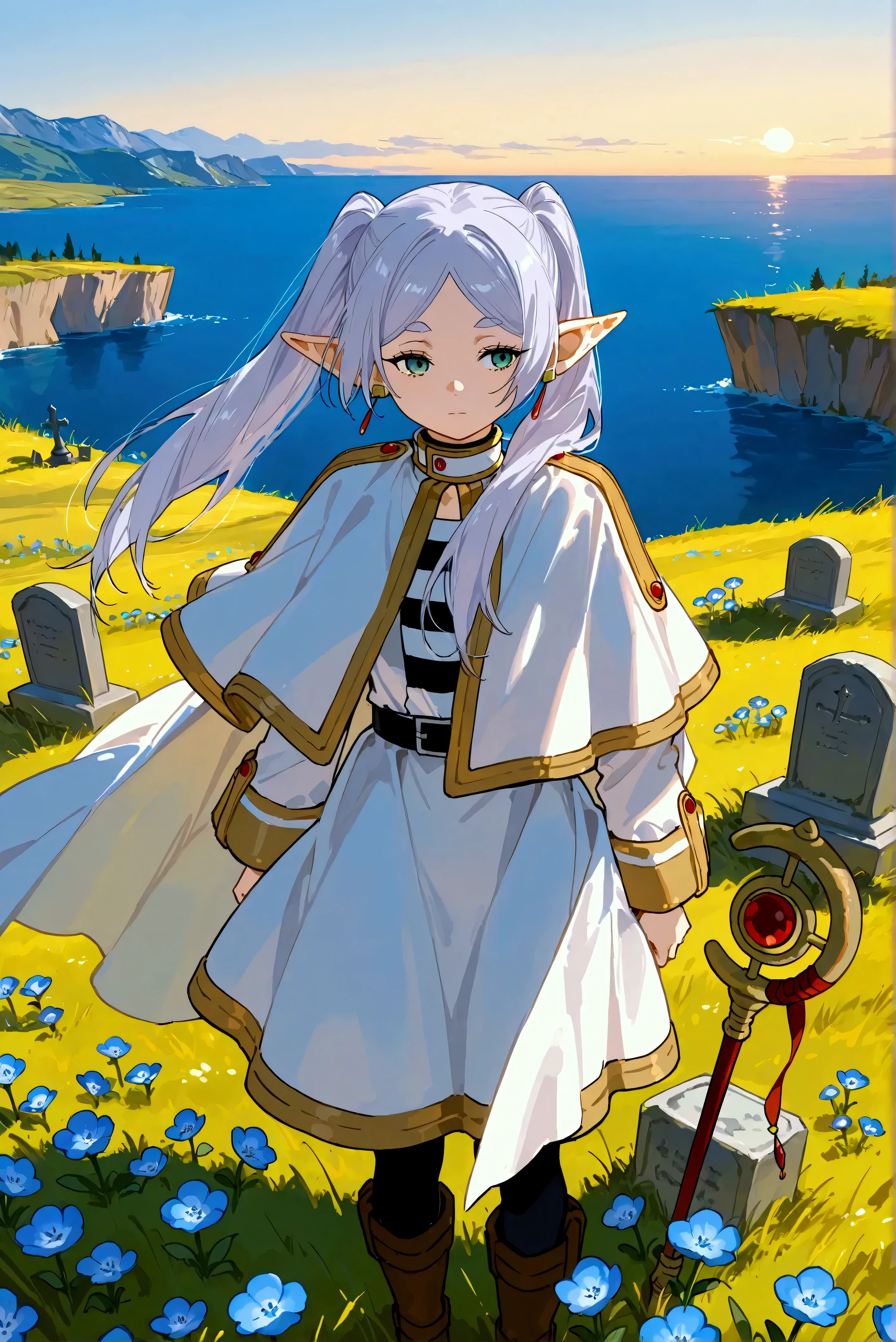 Illustration, romantic scene in a Sea Cliff Grassland, 1girl , 1girl\(frieren, expressionless,front view\), girl standing gracefully, girl looking at the sky, her hair flutters in the wind,outfit and flowing cape that combine adventurer and aristocrat style,(her ground shot:1.3), behind her background\(1 small stone grave stand, in the middle of a grassy plain on a cliff overlooking the sea, surrounded by nemophila flowers\),masterpiece, best quality, 8k, highres, ultra-detailed,HDR, UHD,