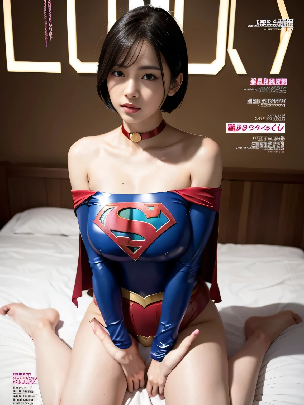 masterpiece、supergirl costume、short hair、barefoot、big and full breasts、Hotel、Cowgirl on the bed、Sexy poses to seduce、model body shape、shiny、looking at camera、、choker、long sleeve、red mini skirt、Weekly magazine cover、obscene、sweaty、Radical、off shoulder、Glamorous、