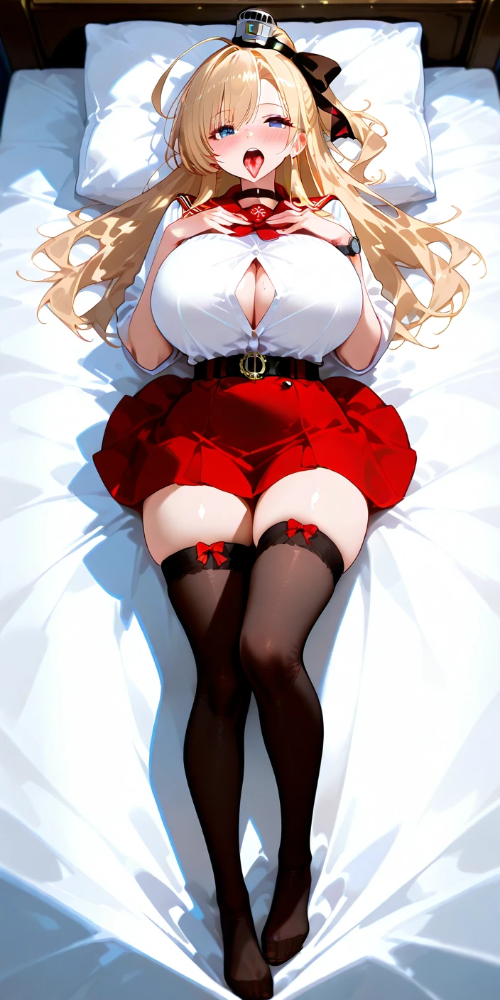 Masterpiece, best quality, 1 girl, blonde, long hair, side ponytail, red skirt, white socks, lace socks, white stockings, white over-the-knee socks