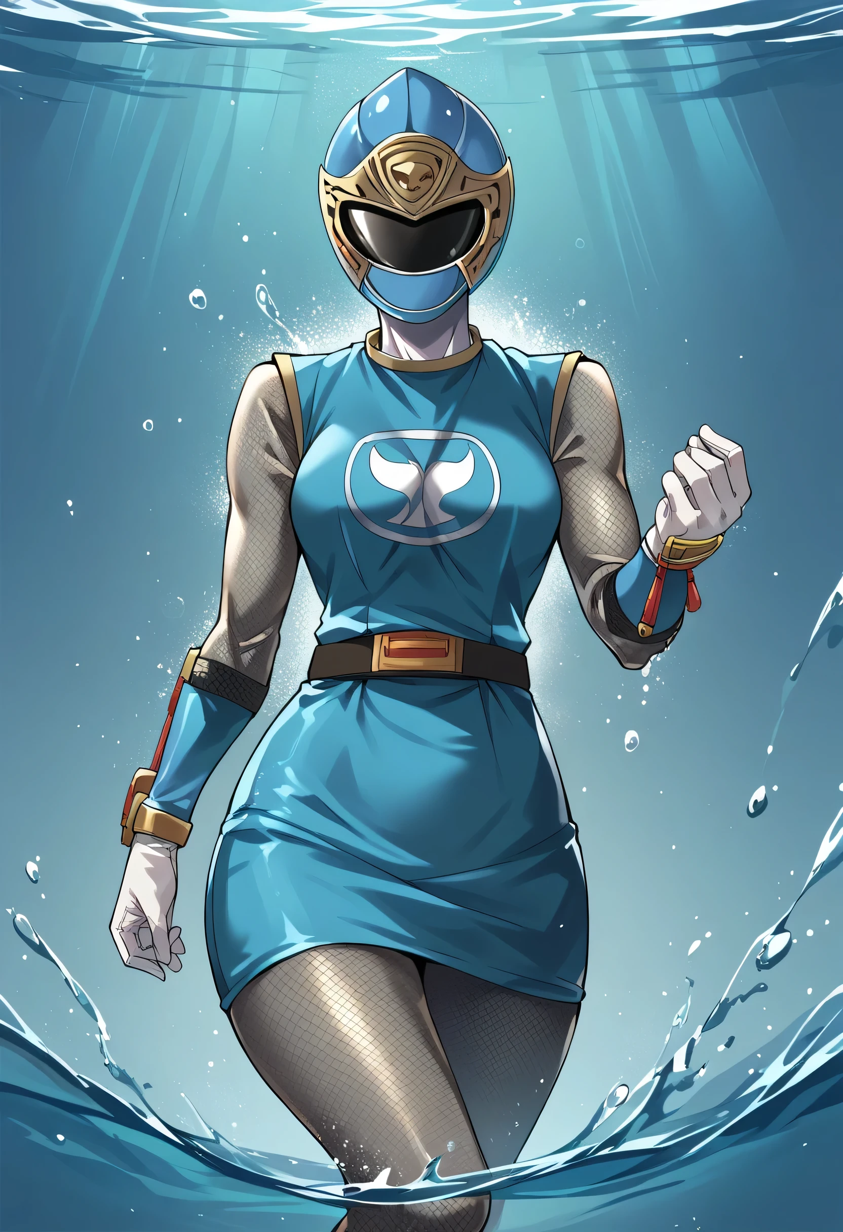 1girl, solo, super sentai, ninja, short dress, sleeveless, fishnets, Fishnet Pantyhose, fishnet armwear, skirt, belt, gloves, helmet, visor, source_anime, masterpiece, in the water with the fish