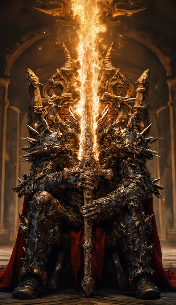 1 king, grown man, trimmed beard, long hair, emperor coat decorated with dragon pattern, king sitting on throne, his gaze far away, blue eyes, angular face edge and cold, throne made of bones and skulls, skinny fingers wearing rings, realistic image, sharp, best quality, 8k, body light.