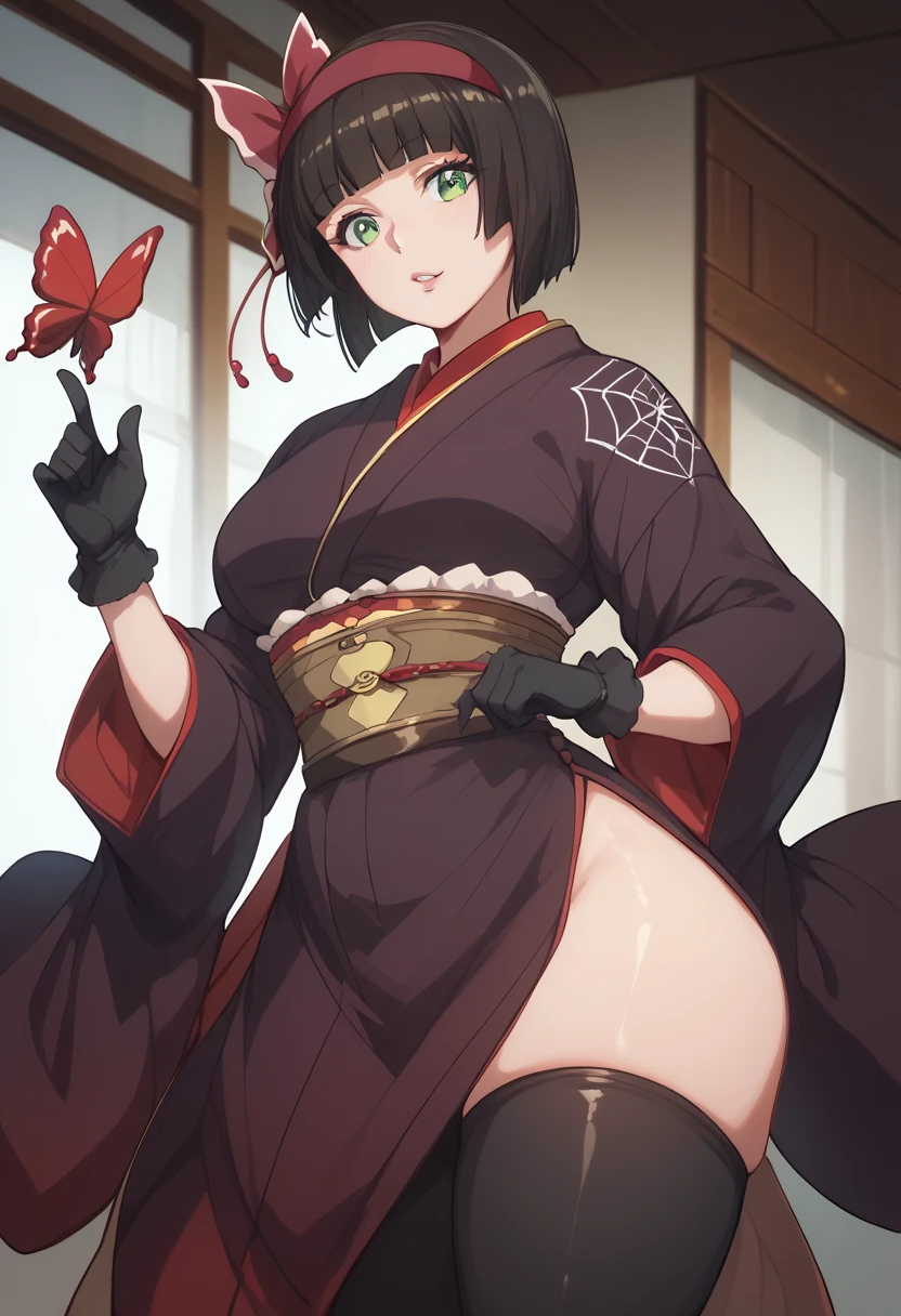 Mio same as the original, HDR, midriff, (masterpiece:1.2, best quality), (finely detailed beautiful eyes:1.2), (extremely detailed CG unity 8k wallpaper, ultra-detailed), nude, ((pussy:1.2)), 1girl, (shirt lift), undressing, thighs, ((look from below)), looking at viewer, side braid, ((panty pull)), no panties, perfect anatomy, large breasts, hairband, japanese clothes, purple kimono, black gloves, hair bow, spider web print, sash, obi, hair ribbon,  High contrast, (perfect illustration, extremely delicate and beautiful), beautiful detailed glow, (beautiful detailed face, beautiful detailed eyes),