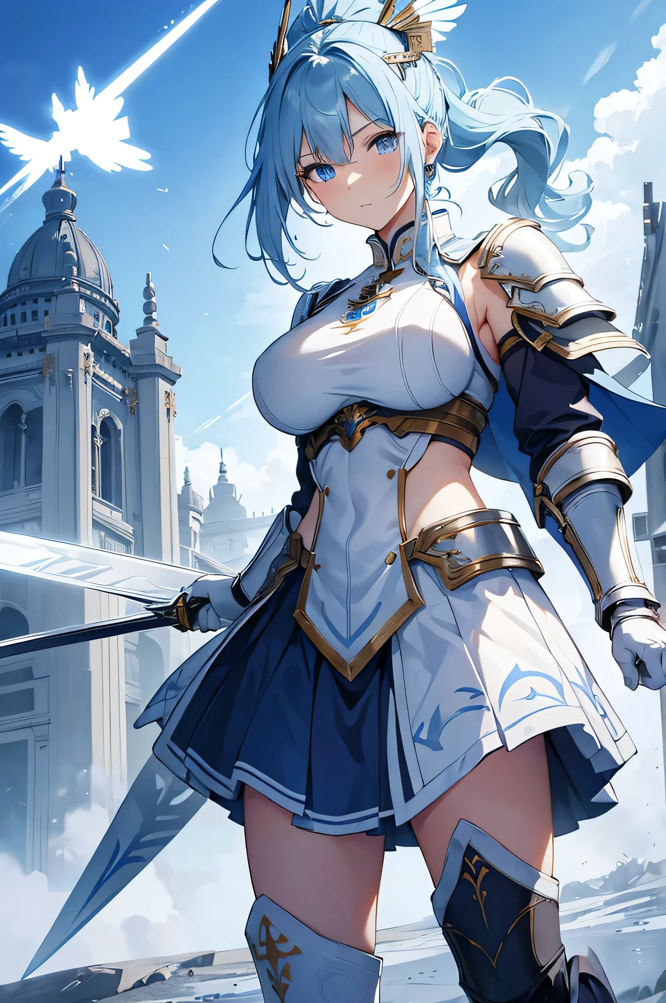 4k,High resolution,One Woman,Light blue hair,Short Hair,Braid,Big Breasts,princess,princess knight,Ice Crystal Armor,Heavy Armor,Full Armor,White princess dress,Princess&#39;s Tiara,Jewelry decoration,Crystal Sword,A castle made of crystal