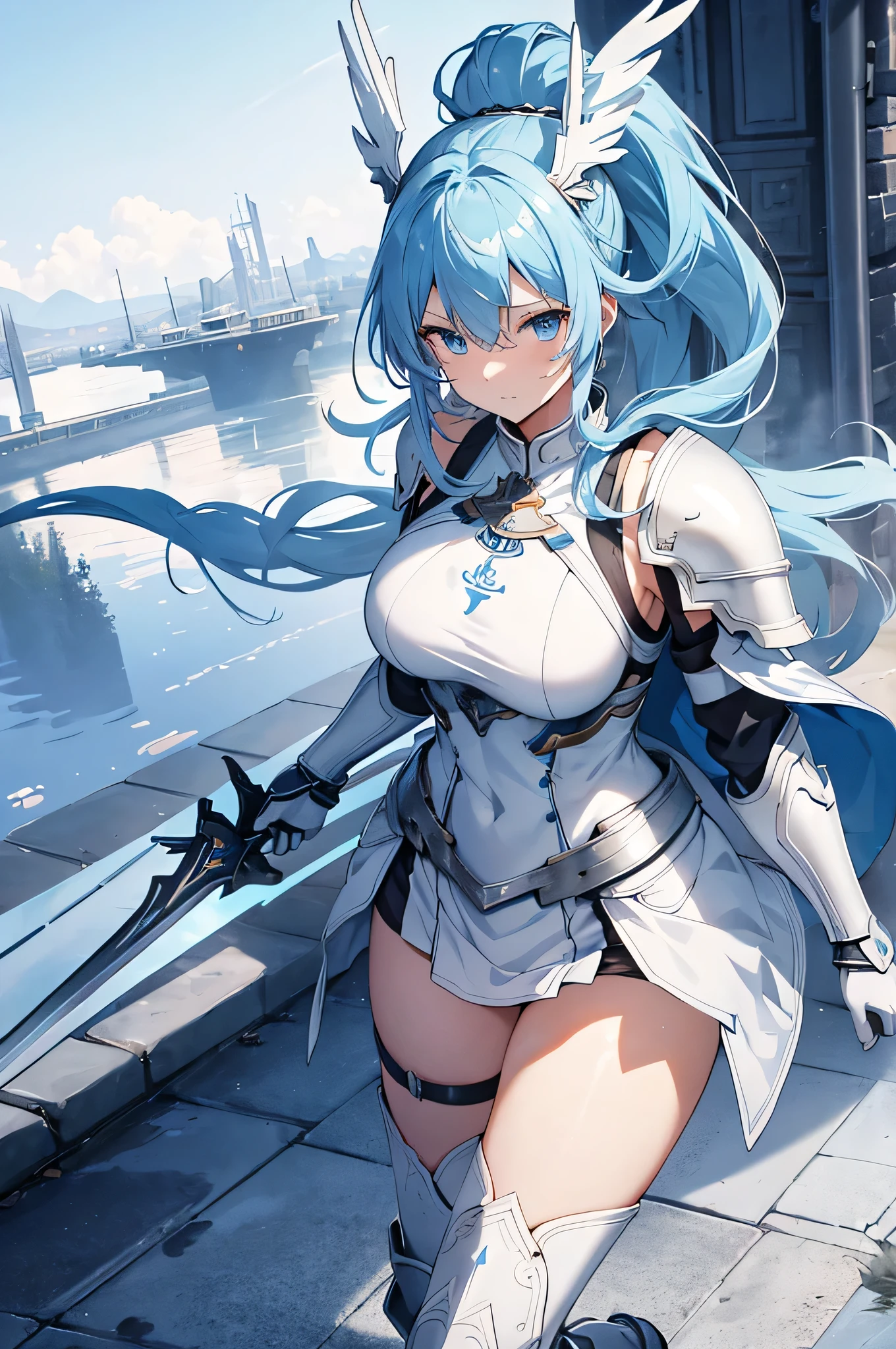 4k,High resolution,one woman,White light blue hair,long hair,Braid,big breasts,swordsman,black leotard armor,Winged headgear,big sword,medieval town