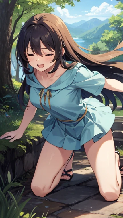 masterpiece, best quality, high quality, beautiful anime character, solo, anime girl with dark hair, long hair, small evil horns, elf ears, purple eyes, big breasts, mature female, big girl, thick, light smile, outdoors, almost full body, (sailor uniform, ribbon, pleated skirt, thighhighs), ((skirt futanari, futa, penis_under_skirt, perfect penis, perfect face)), 
