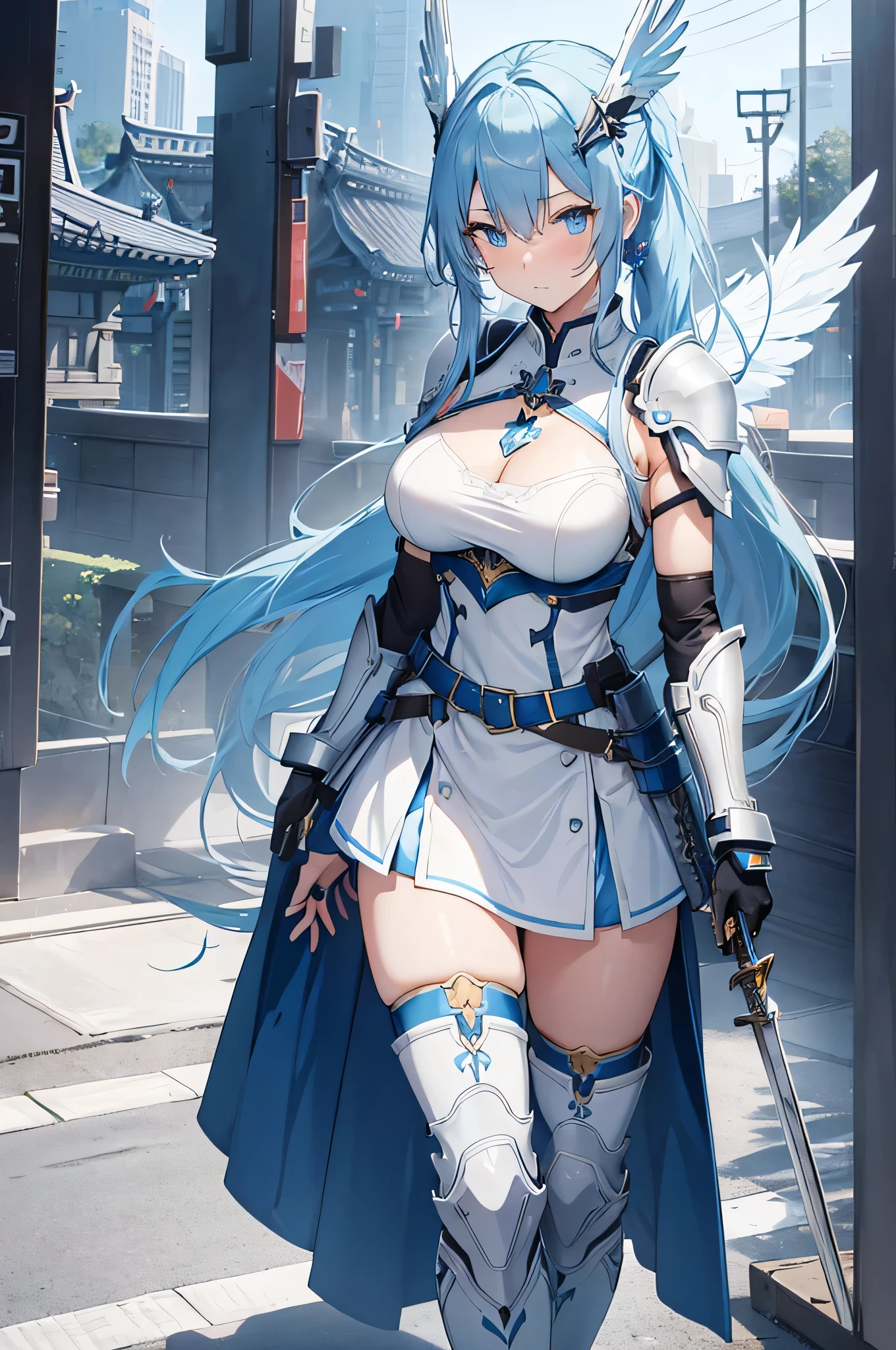 4K,hight resolution.One Woman,lightblue hair,poneyTail,Colossal tits,The brave,armor made of crystal,Heavy armor,dress made of crystals,ice crystal,Snowflake,Longsword,snow country