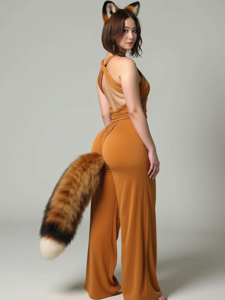 a beautiful asian muslimah woman with beautiful cheeks wears fox lycra turtleneck unitard catsuit with tail.She always wear fox lycra dancewear hijab with ears.