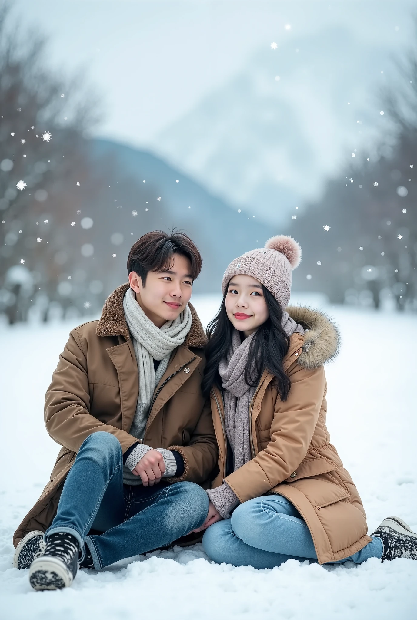 Seoasang kekasih romantis seorang lelaki tampan berambut hitam pakai pakaian jaket tebal berbulu, di sampingnya ada pacarnya wanita cantik berambut hitam sedang memeluk lelaki tersebut