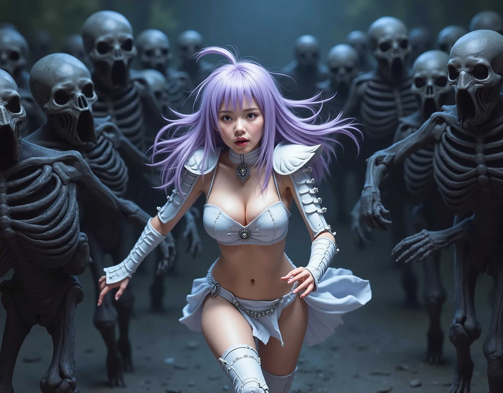 Top Quality、nsfw、bondage、humiliation、 anime style 、Realistic Japanese women 、Main Women 、torture、 erotic 、 Woman Attacked by Black Skeleton Monsters ( thin limbs、The big beak 、 sharp claw )Woman Attacked by 、 ferocious fearsome monsters 、 Beautiful Woman with Long Light Purple Hair ( messy hair、 I looked back、 viewed from an angle、 small breasts、 beautiful back、 Cute Butt with Panties Cut in 。 Crouching Posture ,run away)、fearに怯えた顔(fear、cry) 、white armor decorated with skulls ( Skeleton(shoulder、Chest、Between the legs)、shoulderアーマー、 sleeveless、bare hands、 deep v-neck、Exposed upper arm、 belly button sticking out of the butt、 high leg 、 T-back 、 leg armor)、 Woman Attacked by Black Skeleton Monsters ( thin limbs、The big beak 、 sharp claw ) 、多くの Woman Attacked by Black Skeleton Monsters ( thin limbs、The big beak 、 sharp claw ) Attacked 、多くの Woman Attacked by Black Skeleton Monsters ( thin limbs、The big beak 、 sharp claw )1 :5、Horde of monsters 1 :5、 Midnight、 Different Worlds 、 dungeon 、dark fantasy、Pitch Black Hell
