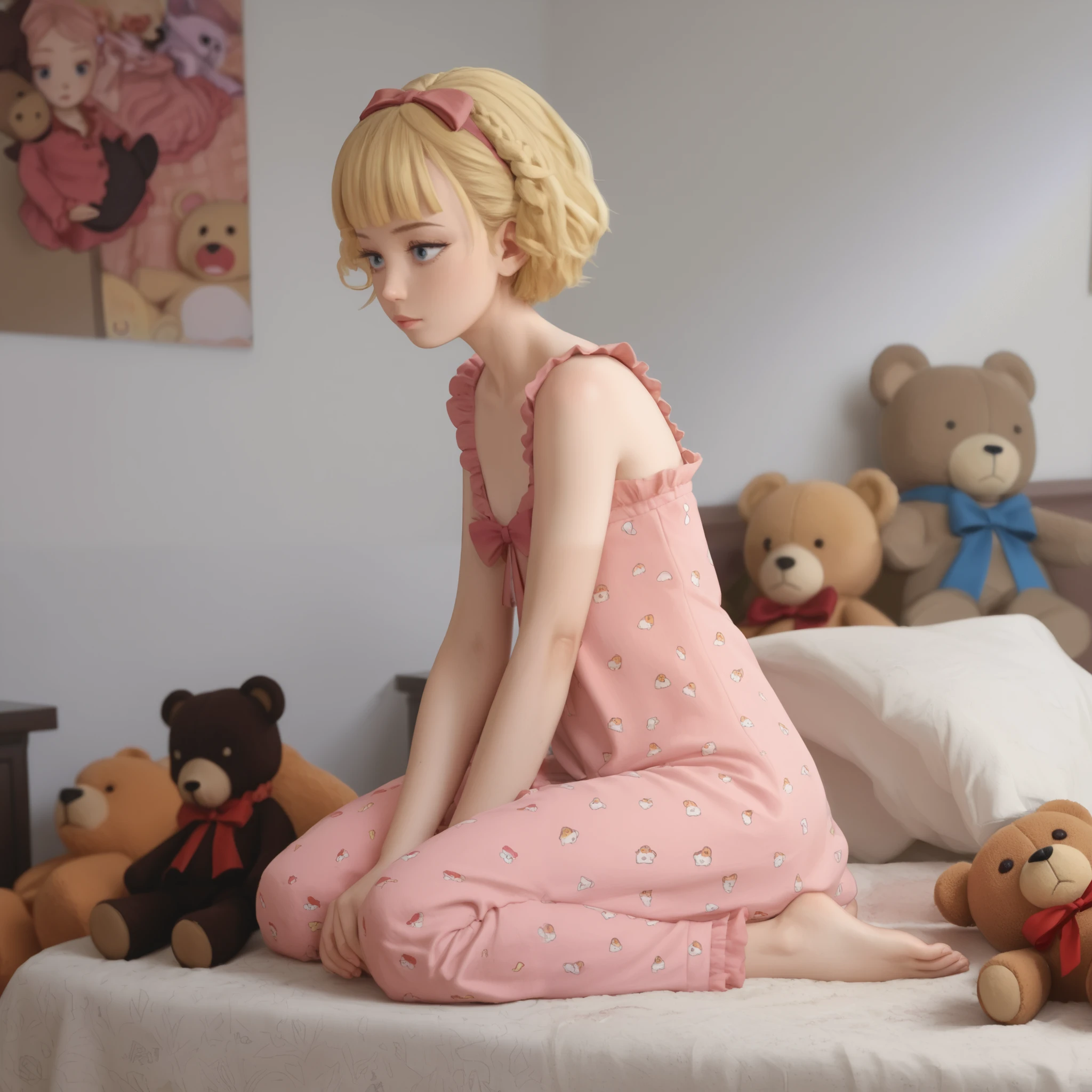  a young girl,   Long dress in pink pajamas    、   Full image of one holding a teddy bear   ,    blue eyes、  Light pink room in the background   、  short hair, mystery,bow hair,   full body costume ,bed in the background 、 Blue eyes and   short hair ,Beautiful women's room ,  linda, fofo,  hair fringe  ,penteado babydoll,  blonde looking at the camera   、   A cutie in a long red dress and holding a teddy bear is surrounded by a black teddy wolf in the background.、 Full image of the    、smaller breasts、   Closed windows

Make the entire image fit the frame  。