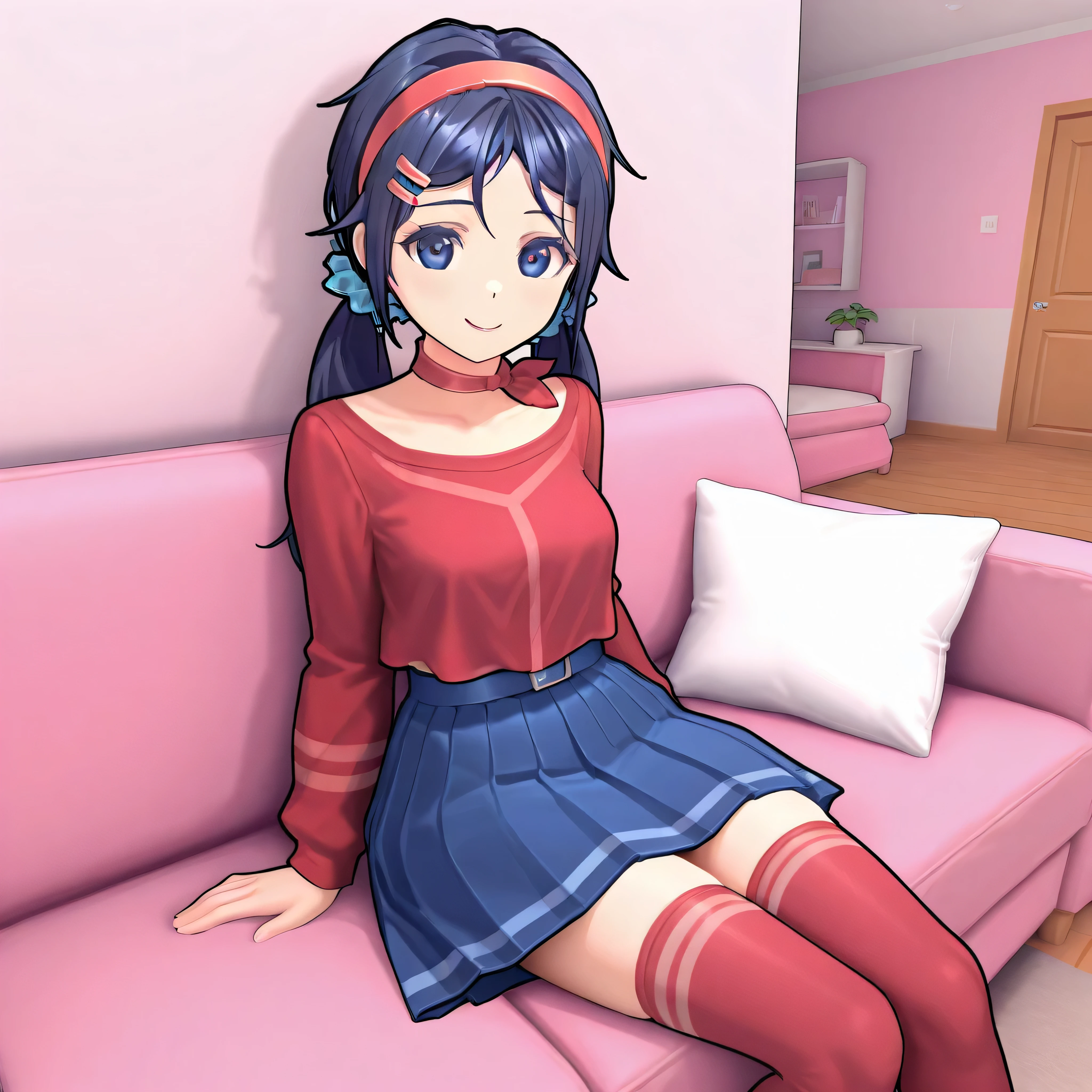 Mita, 1girl, twintails, hair scrunchie, red shirt, blue skirt, red thighhighs, hairband, hair ornament, looking at viewer, smiling, sitting on a pink couch, inside the living room