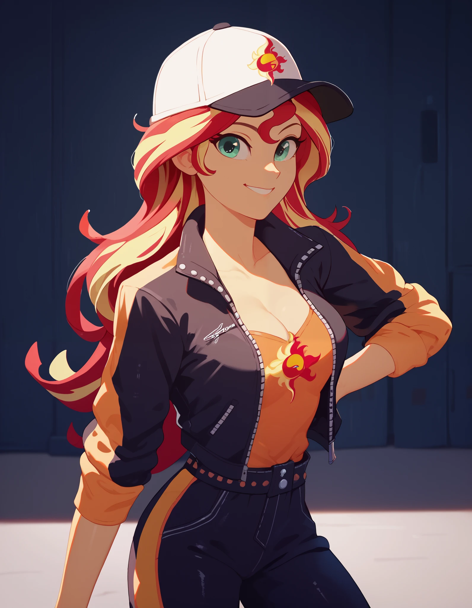 Sunsethuman, female, two tones of hair, red and yellow hair, wearing a baseball hat, in a garage, smiling, wearing a jump suit, cleavage, sensual eyes, highly detailed, aroused