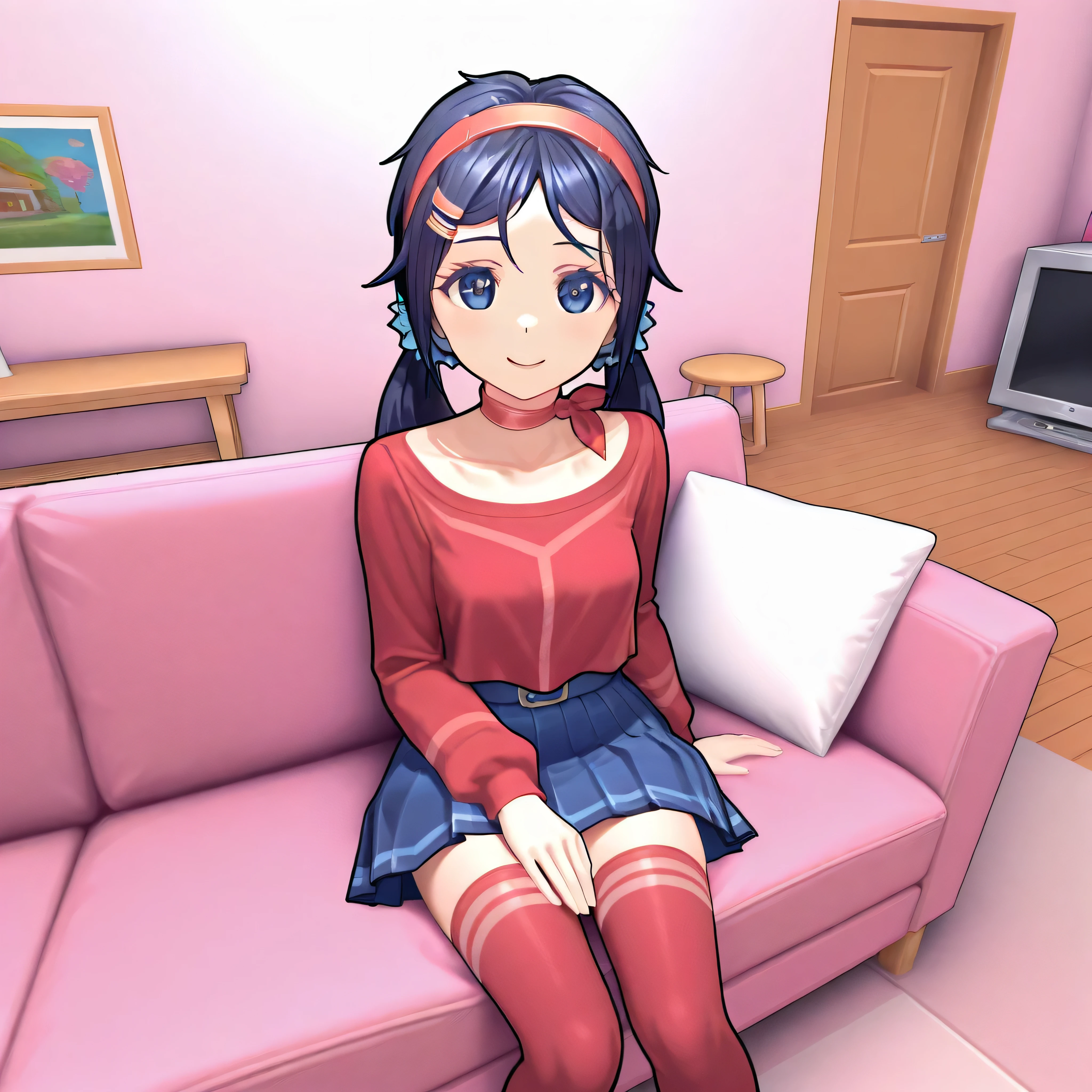 Mita, 1girl, twintails, hair scrunchie, red shirt, blue skirt, red thighhighs, hairband, hair ornament, looking at viewer, smiling, sitting on a pink couch, inside the living room