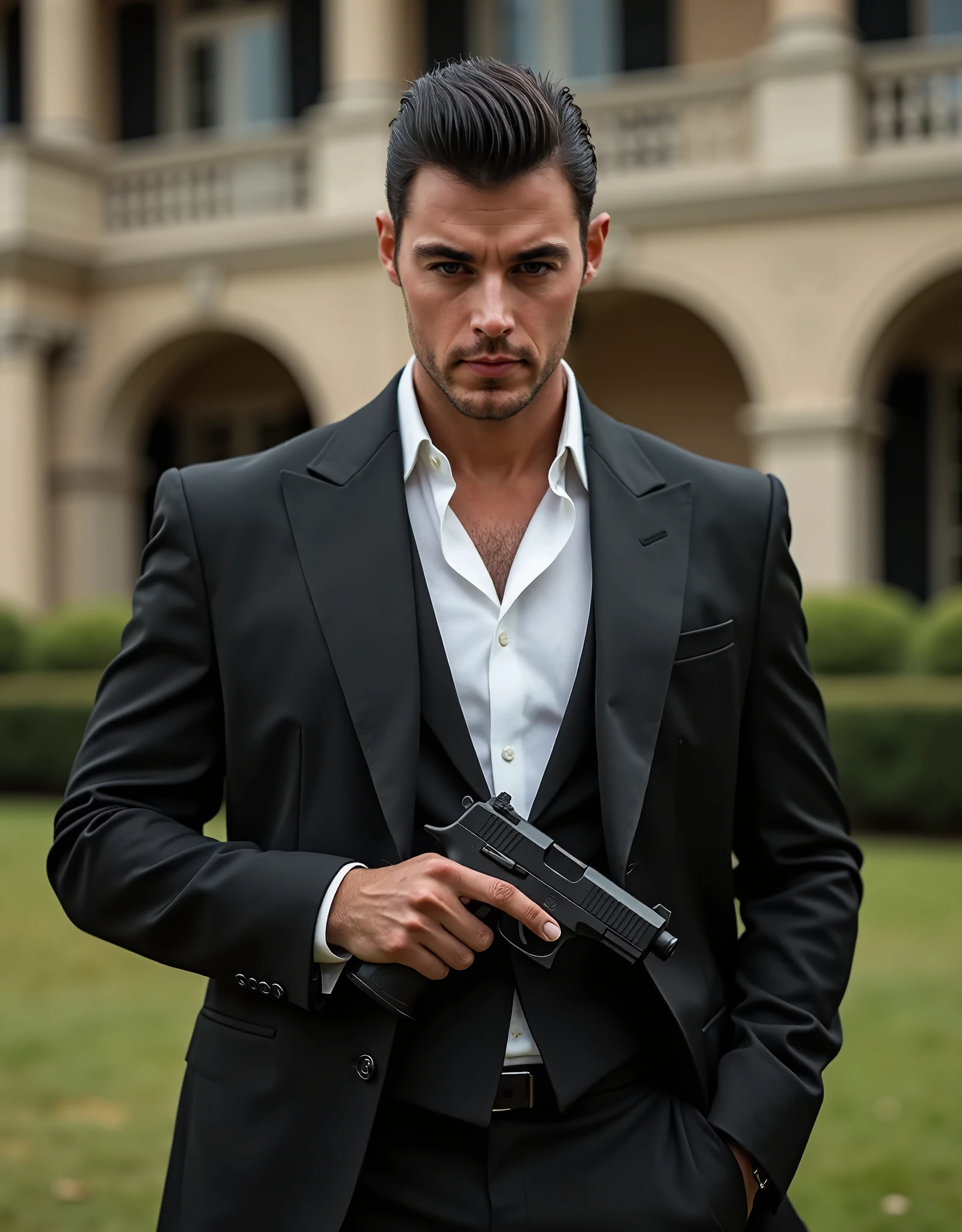 (masterpiece), (best quality), (hires), 1man, male focus, solo, solo focus, hispanic, perfect hands, (holding pistol with one hand, beretta 92fs), hand in pocket, brown hair, hazel eyes, tuxedo, black tuxedo, danger atmosphere, mansion backdrop, combed back hair, white shirt, black pants, dress shoes, matching shoes. outdoors, looking away.
