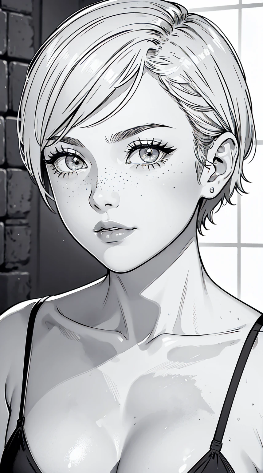 {8K images}, 1 female, 30 years old, Mature face and figure, Large white hair, Medium breasts, Wearing a knitted top and apron, {Face portrait}, {Image focuses on face and chest}, {Perfect anatomical structure}, Comic Line Drawing, Extremely detailed line art, {Comic splash page}, {Light reflected to the left}, monochrome