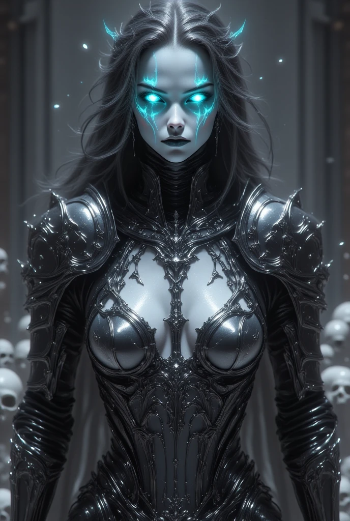 Ultra detailed illustration painting of a luminous and enchanting bad girl undead/human-like creature with dark hair, dynamic pose, anime style, dimly lit dark fantasy realm enviroment, mid shot, rule of thirds depth of field intricate details, concept art, subtle colors, fantastical realm, extremely detailed, ultra sharp focus, light particles, attention to detail, grandeur and awe, cinematic, stunning visual masterpiece, double exposure, 8k, photorealistic, strong outlines, cinematographic scene,