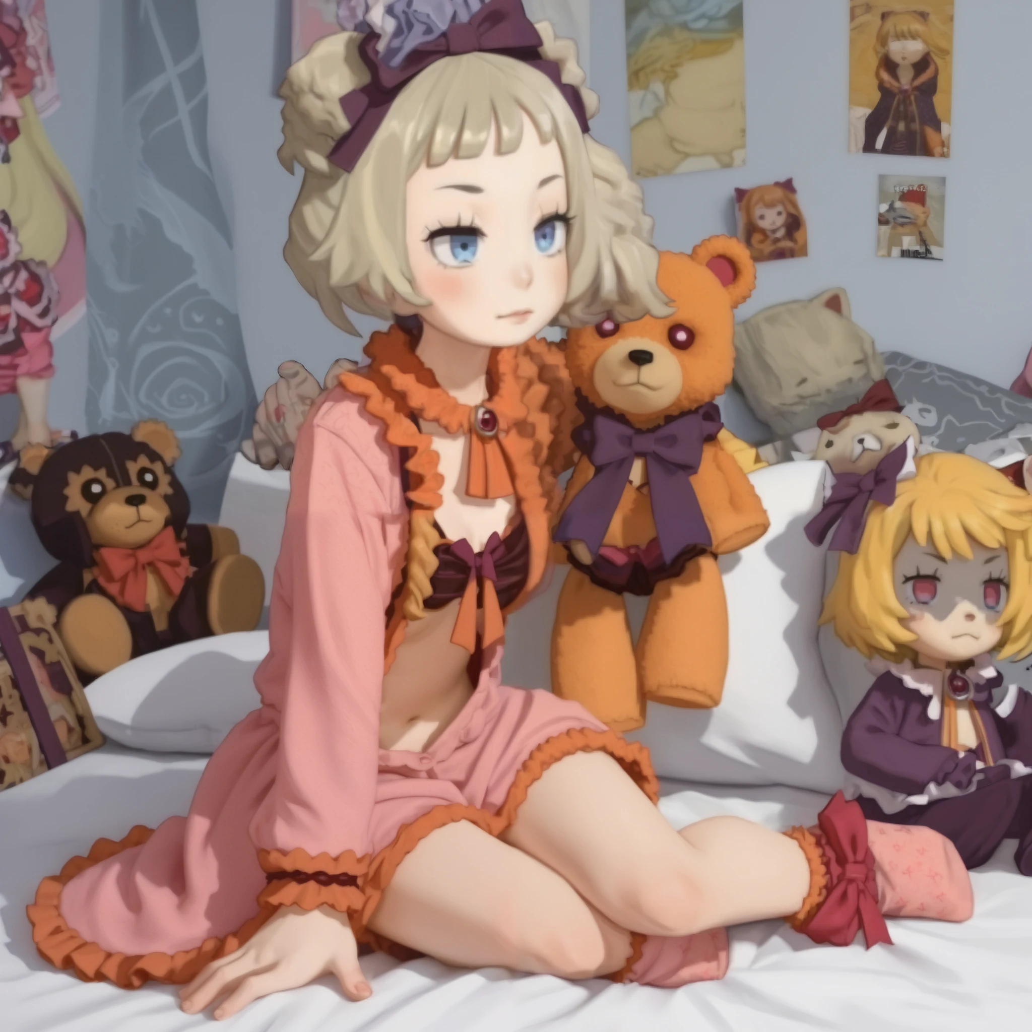 a young girl, Long dress in pink pajamas 、 Full image of one holding a teddy bear , blue eyes、 Light pink room in the background 、 short hair, mystery,bow hair, full body costume ,bed in the background 、 Blue eyes and short hair ,Beautiful women's room , linda, fofo, hair fringe ,penteado babydoll, blonde looking at the camera 、 A cutie in a long red dress and holding a teddy bear is surrounded by a black teddy wolf in the background.、 Full image of the 、smaller breasts、 Closed windows
Make the entire image fit the frame 。
