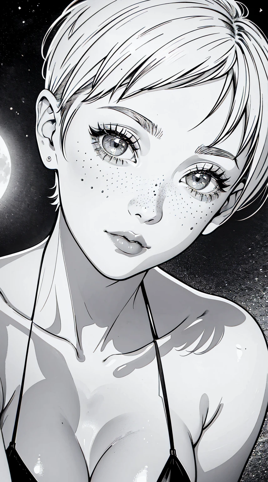 {high definition image}, 1 beautiful russian woman, 30 years old, short hair (pixie cut), pointed nose, thin lips, busty, freckles on the face, wearing a mini bikini, looking at the viewer with a neutral expression, {centered image}, {close up on face}, {just face and chest photo}, Manga lineart (monochrome), grayscale, background moon