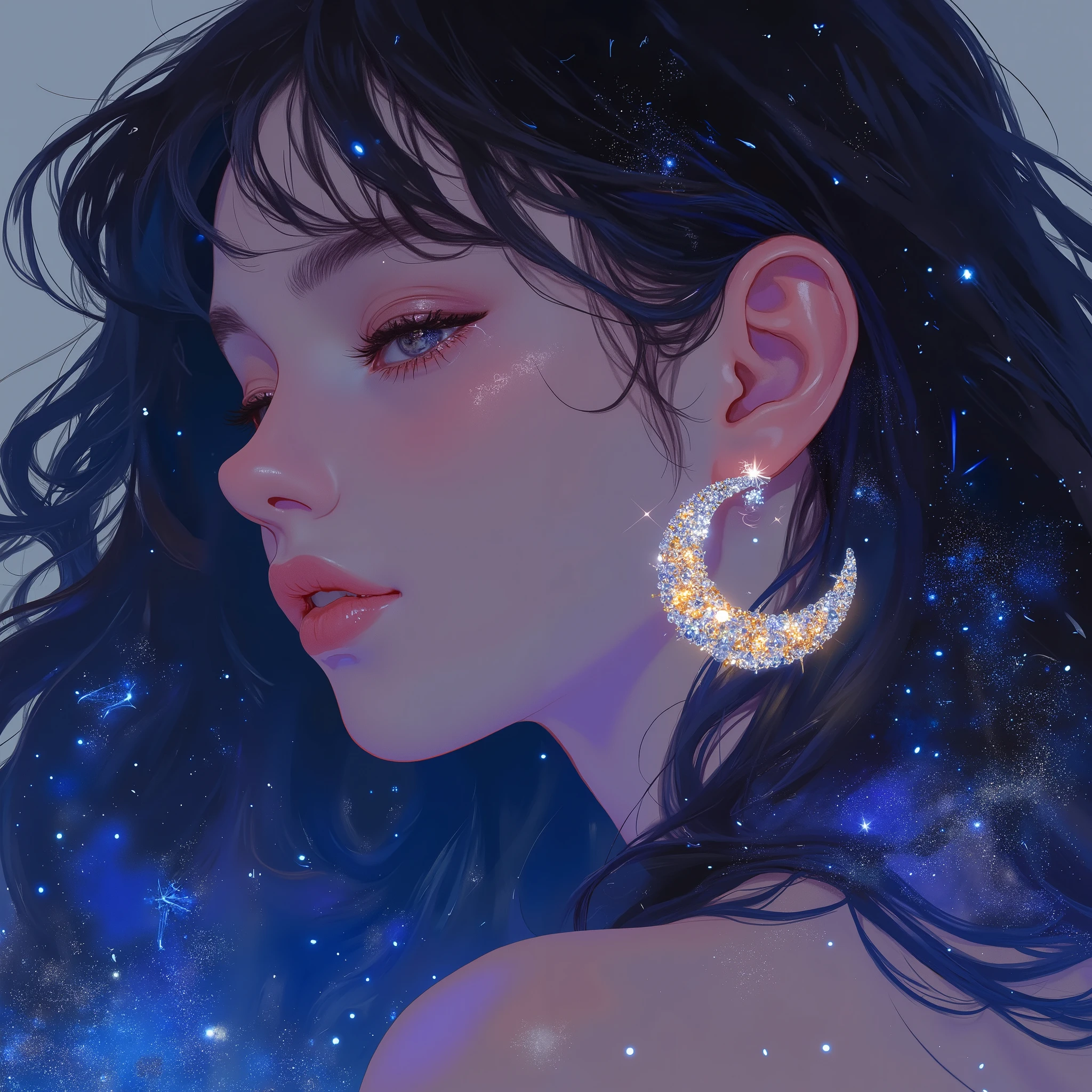 Portrait of a woman with long, flowing black hair resembling a starry night sky, adorned with prominent crescent moon earrings. Focus on the intricate details of the earrings. Close-up.