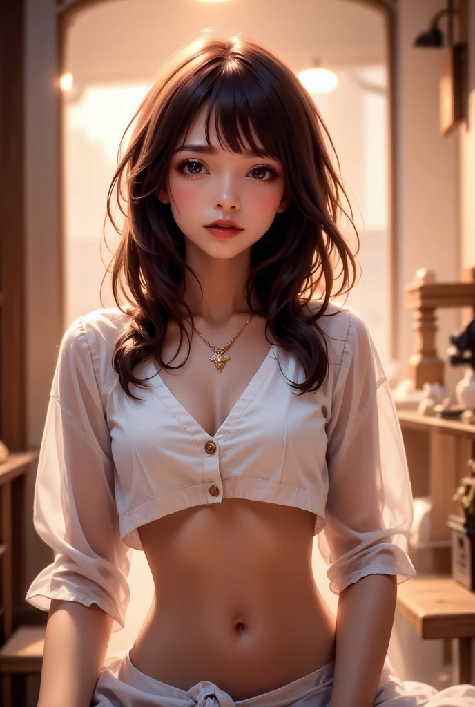 Una ragazza sui 16 anni, She is brown-haired with medium-length hair. She has straight hair. She is wearing a soft, two-piece winter pajamas. The pajamas are a Tezenis Lion King pajamas. The girl is looking with a sexy and provocative expression
