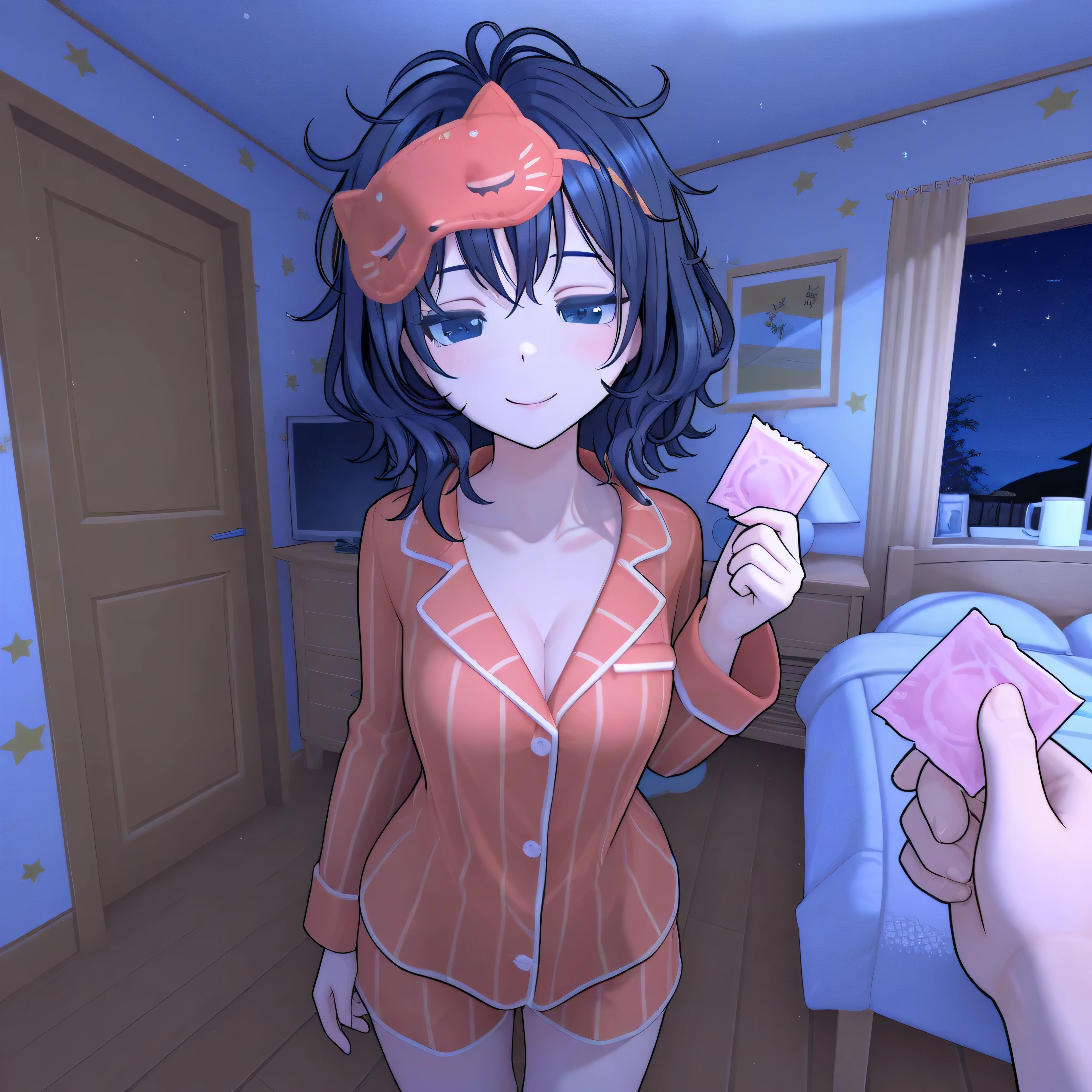 SleepyMita, 1girl, blue eyes, long and messy hair, sleep mask, pajamas, (dark), (night), sleepy, eyes almost closed, holding a condom package, smiling, visible cleavage, nude male, stars wallpaper, furniture, living room, 3d, cowboy shot, masterpiece, best quality, 8k, high resolution