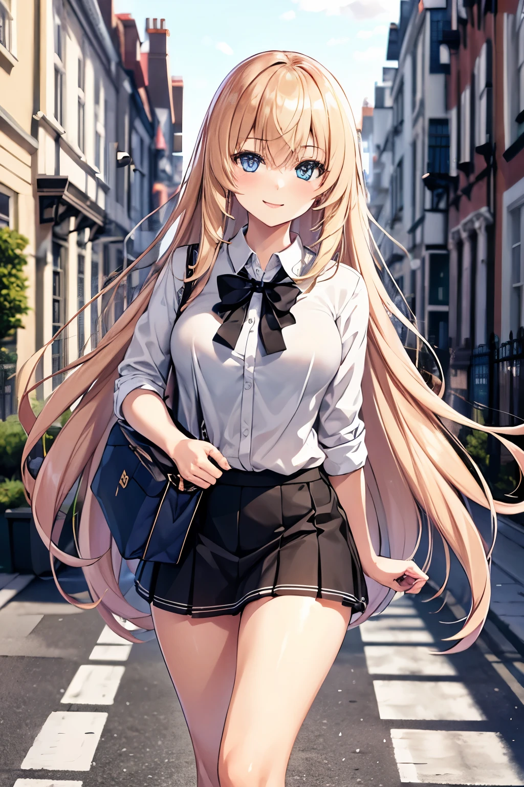 1 girl,Long blonde hair, straight hair, bangs, long white shirt, black tie, black short skirt, blue eyes, carrying documents in hand, Walk,half body photo, ultra detail, ultra HD, very beautiful,Solo, Background on London Street, looking away ,smile