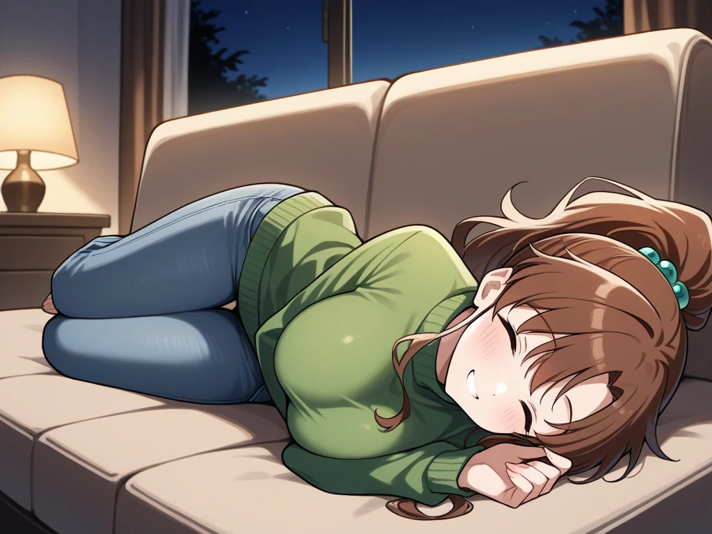 masterpiece, best quality, very aesthetic, absurdres, newest, 1girl, solo, asymmetrical bangs, tareme, blush, drunk, long hair, brown hair, shirt, long sleeves, holding, brown eyes, ponytail, lying, barefoot, pants, indoors, feet, sweater, toes, on side, soles, bottle, alcohol, green shirt, on floor, holding bottle, wine bottle, green sweater